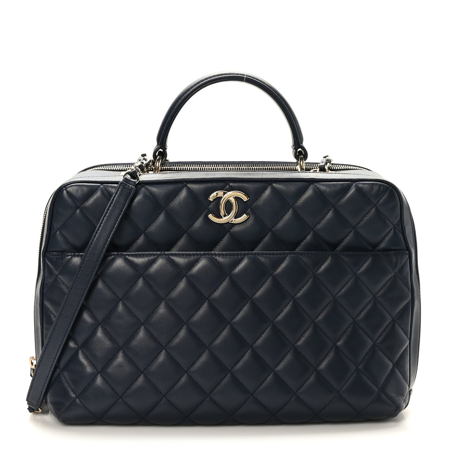 Lambskin Quilted Large Trendy CC Bowling Bag Blue
