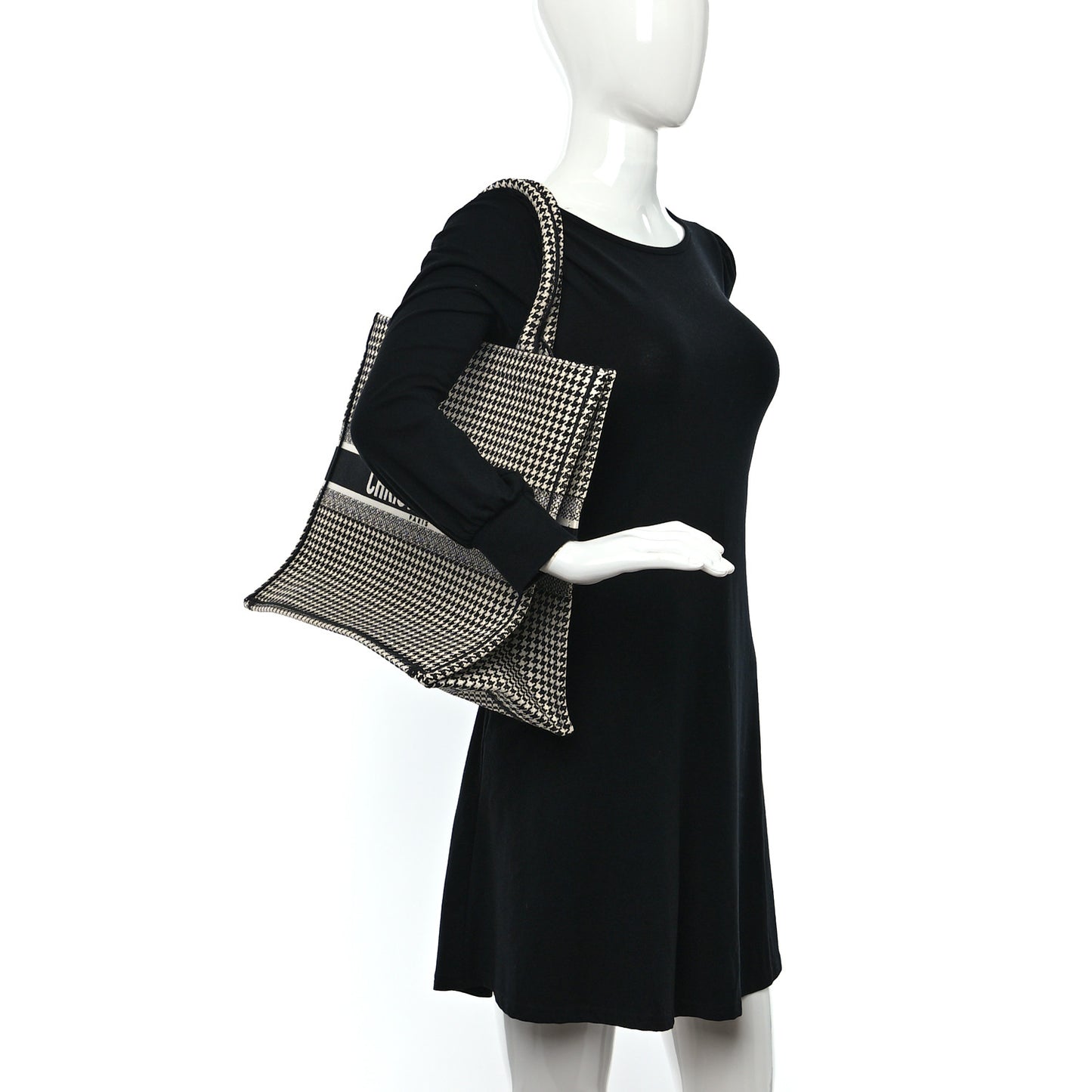 Canvas Houndstooth Embroidered Large Book Tote Black White