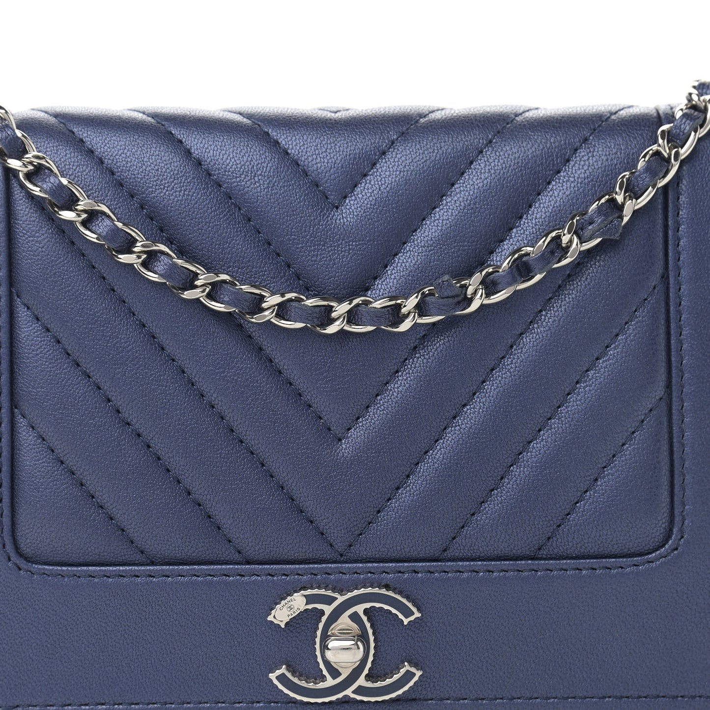 Metallic Sheepskin Chevron Quilted Vintage Mademoiselle Wallet On Chain WOC Navy