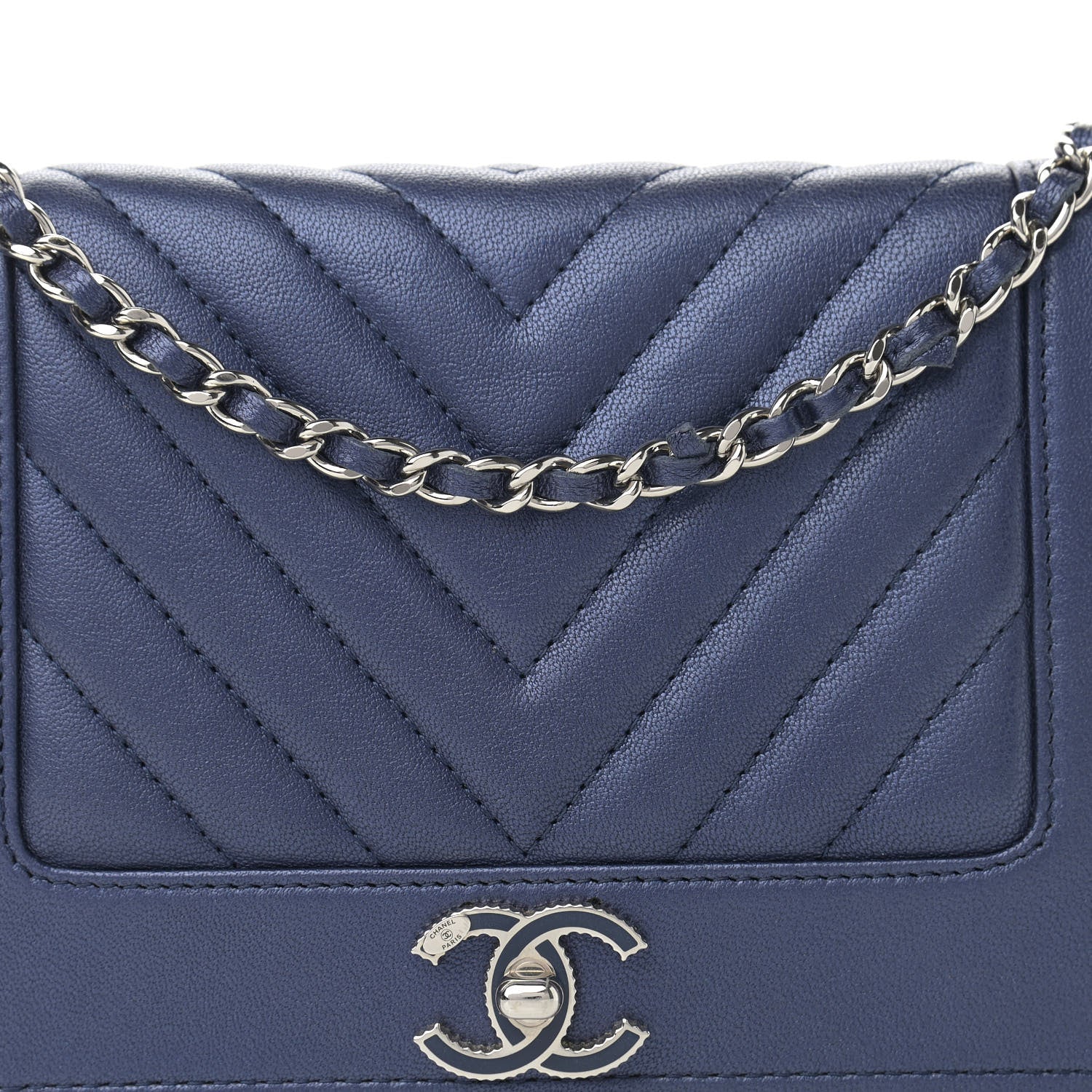 Chanel Metallic Sheepskin Chevron Quilted Vintage Mademoiselle Wallet On Chain WOC Navy 9 of 15