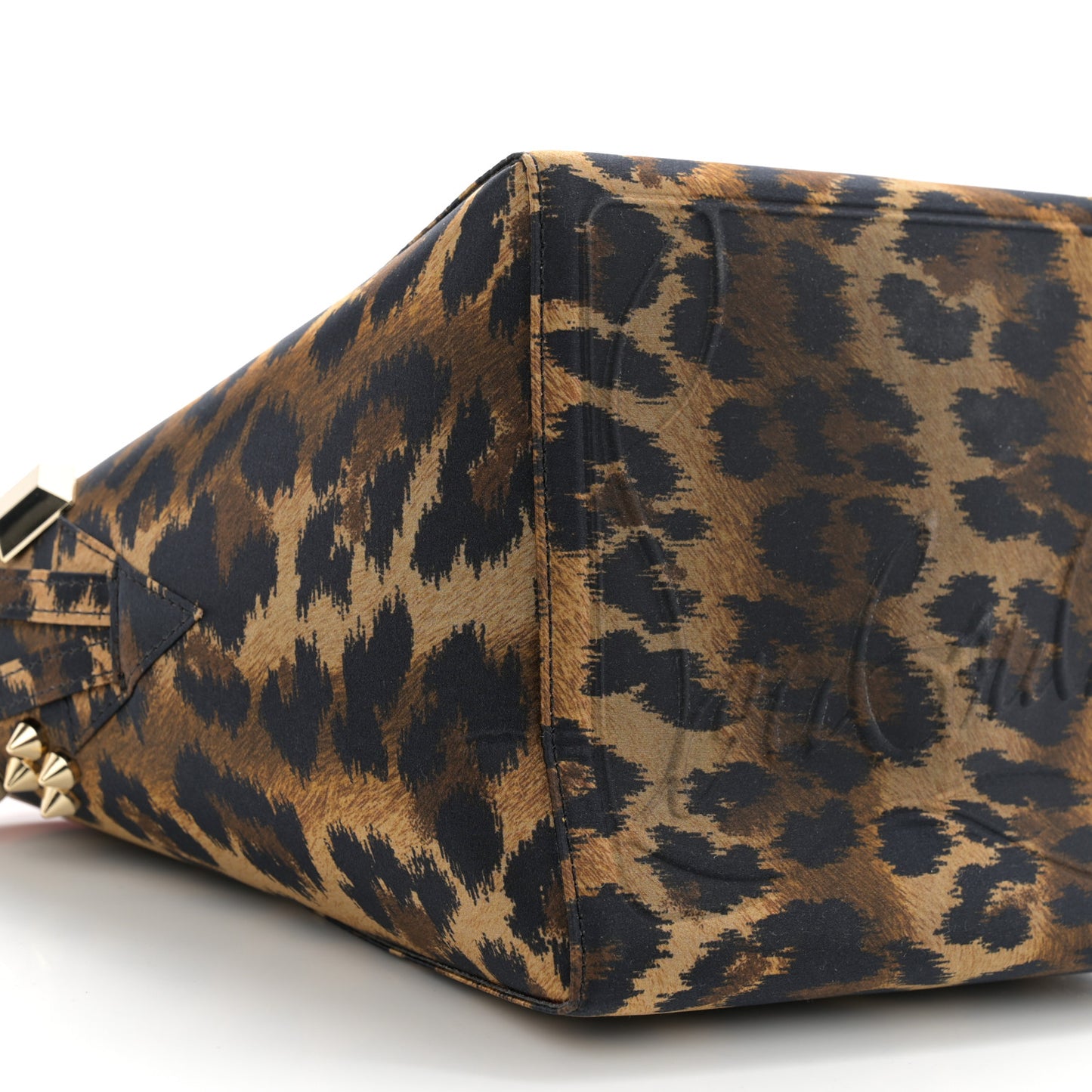 Crepe Satin Leopard Print Empire Spike Studded Mini Cabachic Bucket Bag Brown