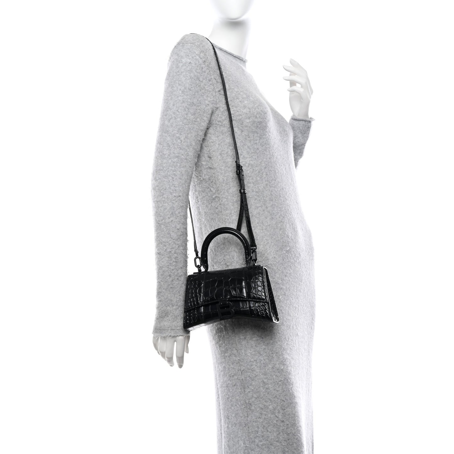 Shiny Calfskin Monochrome Crocodile Embossed Hourglass Top Handle Bag XS Black