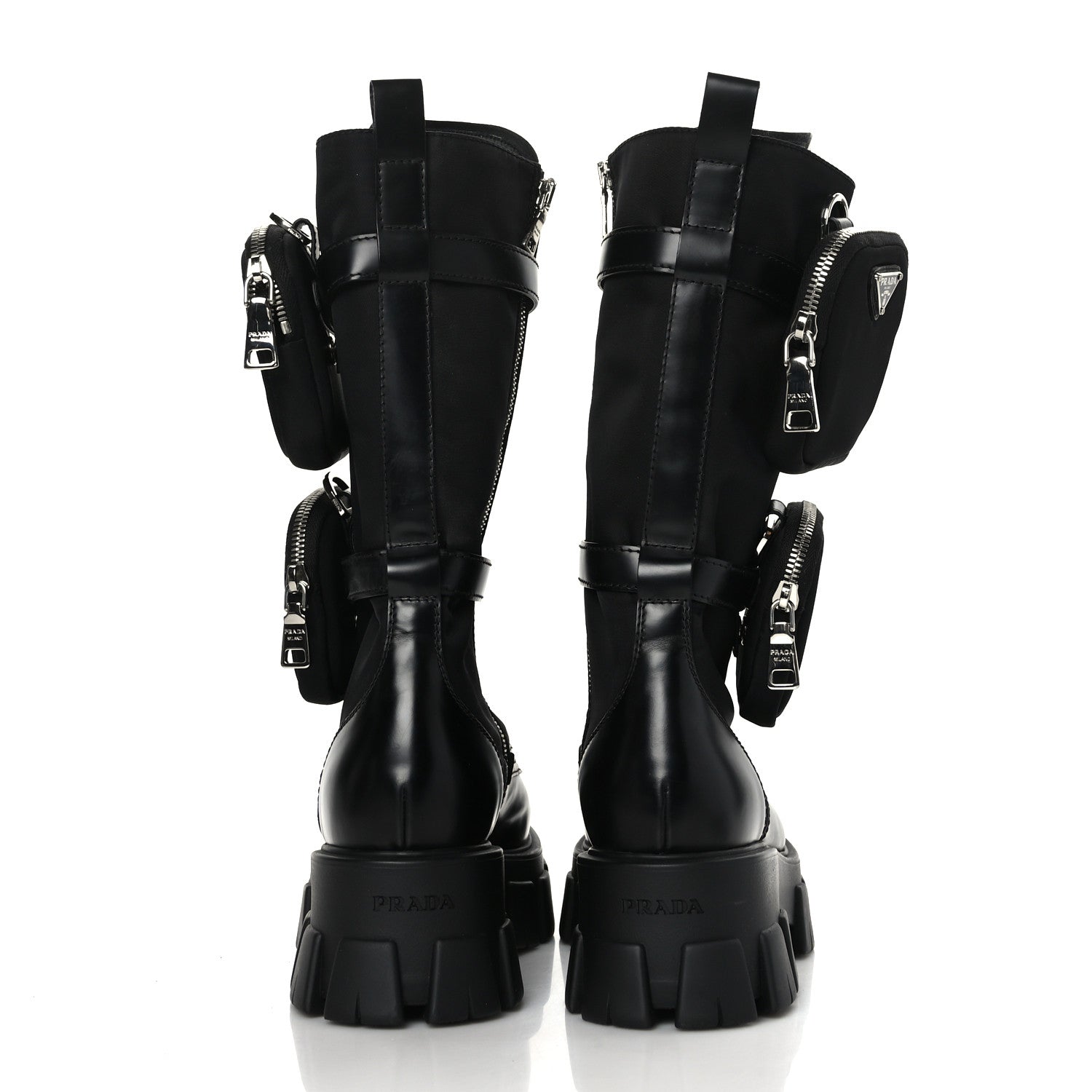 Prada Spazzolato Rois Re-Nylon Metal Triangle Logo Monolith Pouch Pocket 55mm Tall Combat Boots 39.5 Black 5 of 8