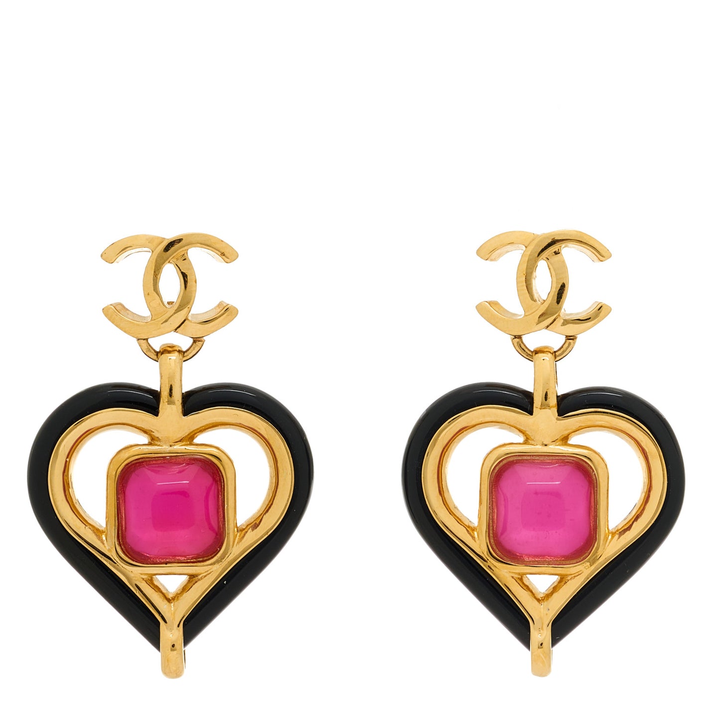 Resin Heart CC Drop Earrings Black Pink Gold