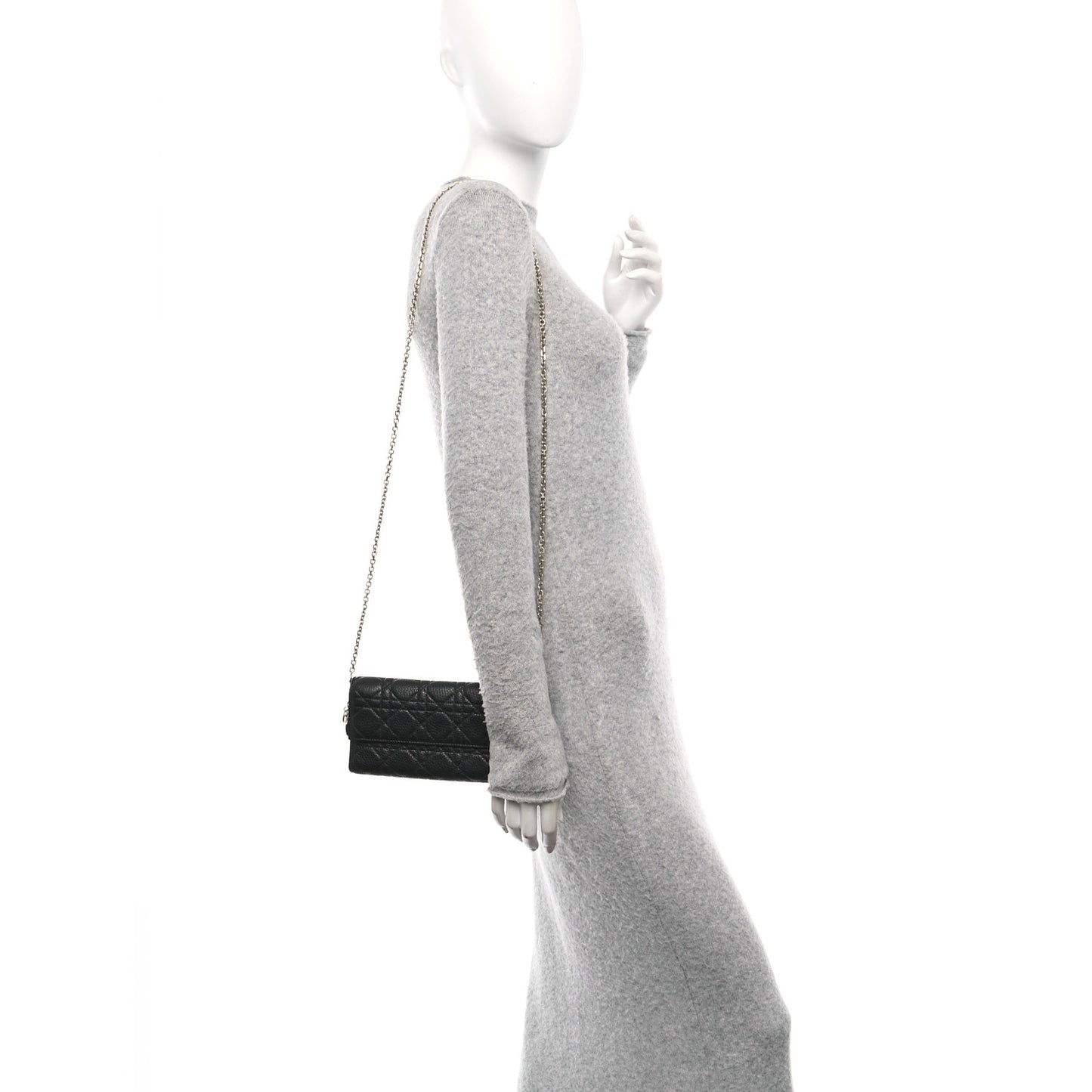 Grained Calfskin Cannage Lady Dior Rendezvous Chain Wallet Black