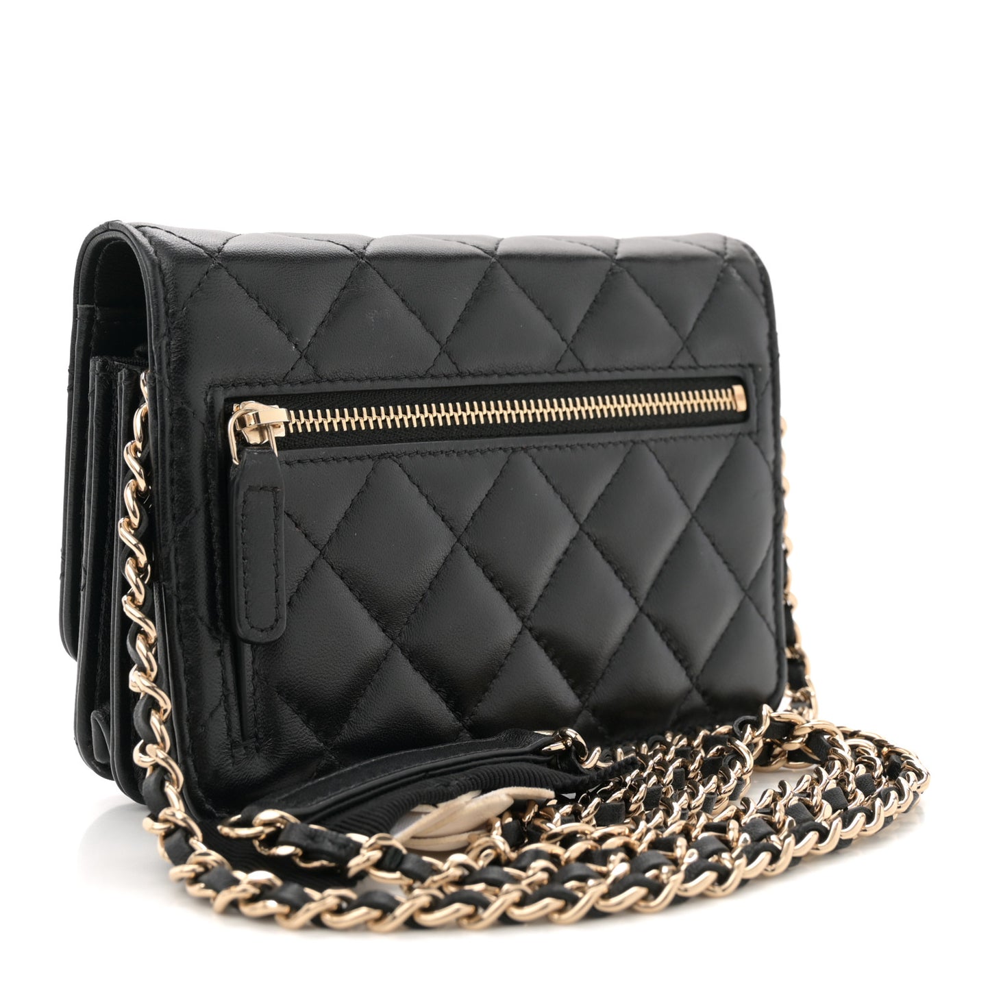 Lambskin Quilted Mini Camellia Bow Wallet On Chain WOC Black