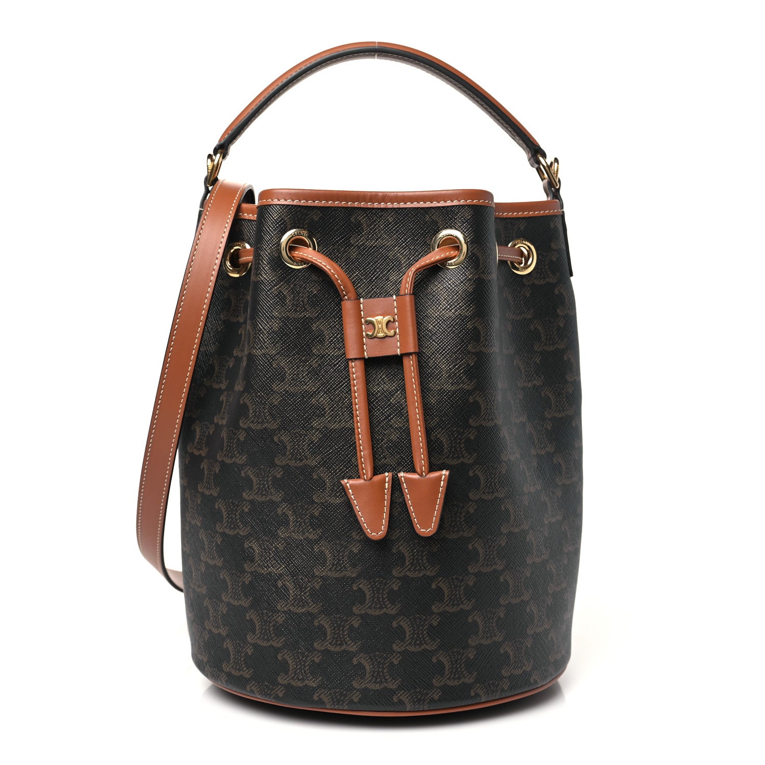 Celine Triomphe Canvas Calfskin Clara Drawstring Bucket Bag Tan