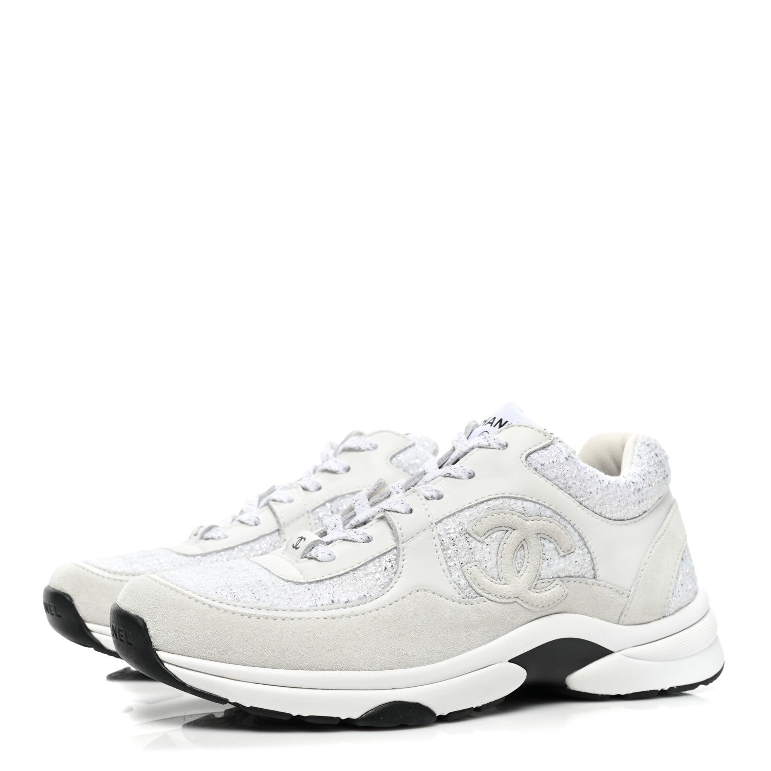 Chanel Painted Iridescent Cotton Tweed Suede Womens CC Sneakers 39 White Silver Multicolor 3 of 9