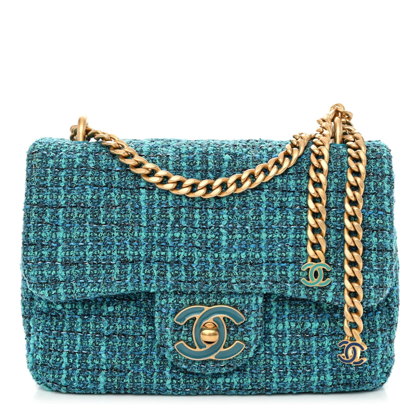 Tweed Enamel Quilted Pending CC Mini Square Flap Blue Green