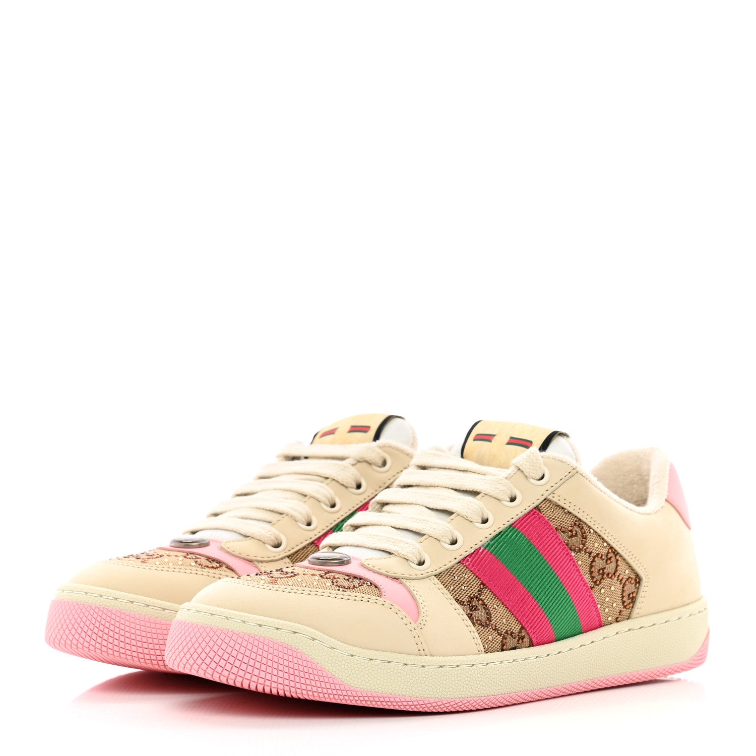 Gucci Calfskin GG Supreme Crystals Web Screener Sneakers 37.5 Beige Ebony Wild Rose 3 of 9