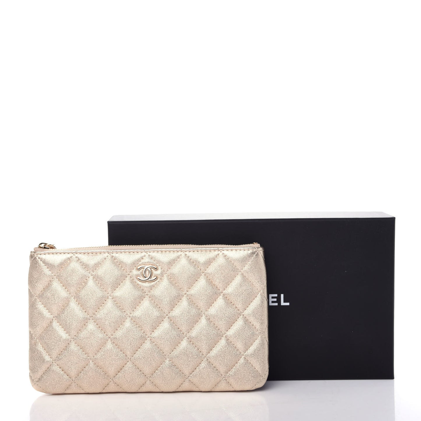 Metallic Lambskin Quilted Cosmetic Case Gold