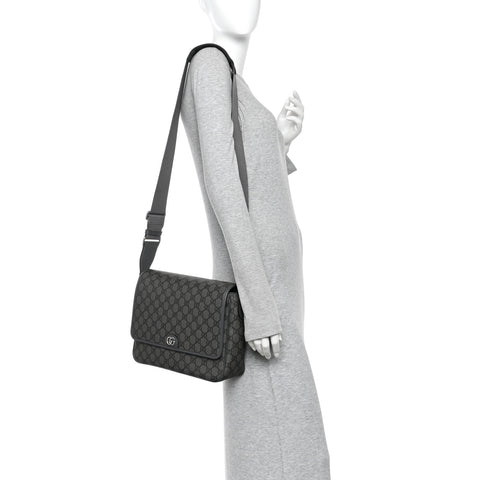 Tender GG Supreme Monogram Textured Dollar Calfskin Ophidia Messenger Bag Grey Black Graphite Grey
