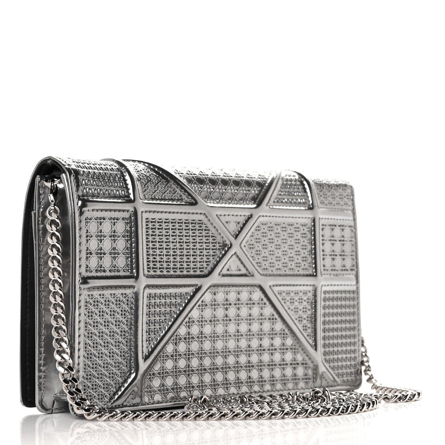 Christian Dior Metallic Patent Micro-Cannage Diorama Wallet on Chain Pouch Silver 3 of 8