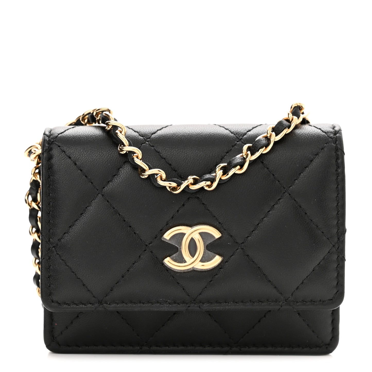 Lambskin Quilted Flap Card Holder With Cuff Black