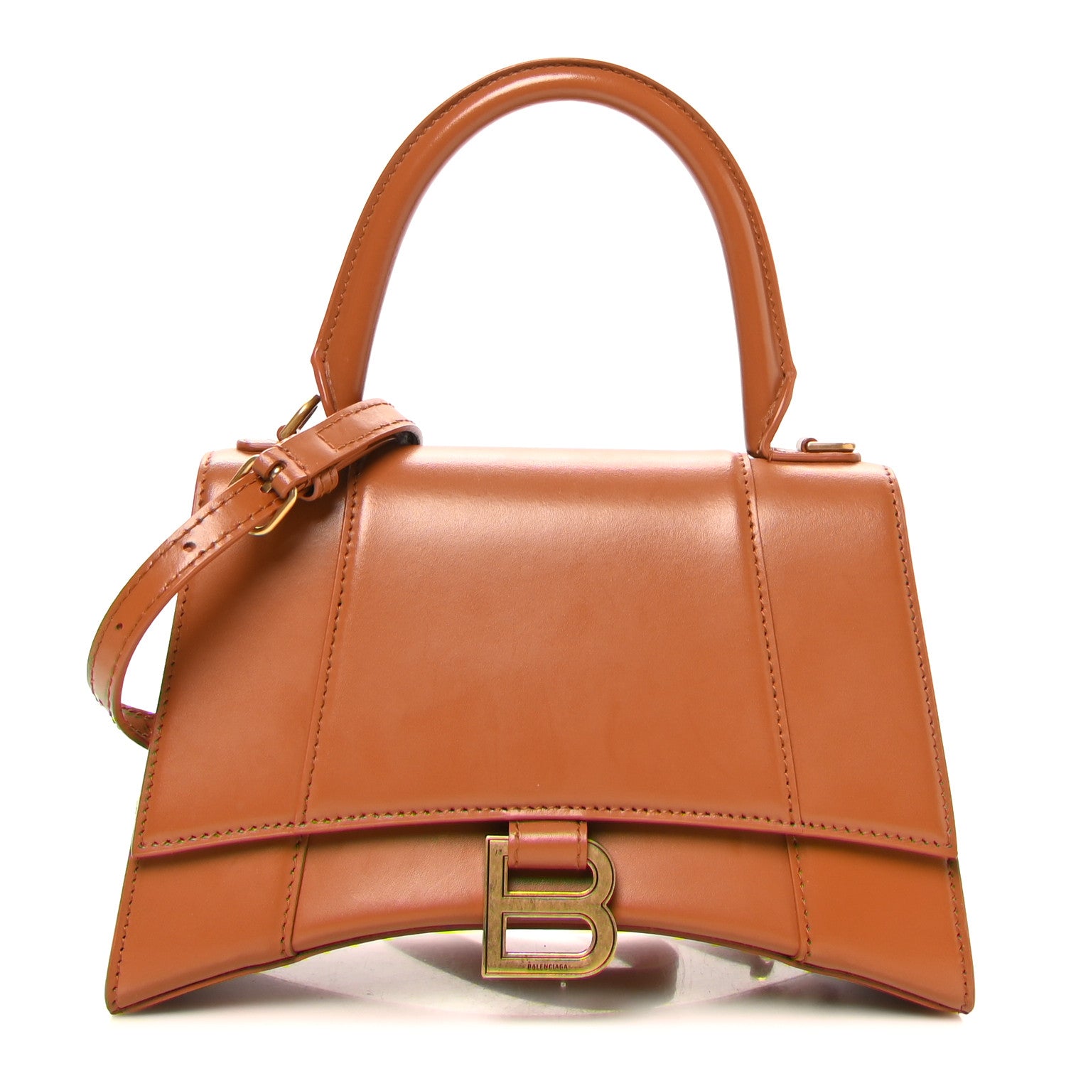 Balenciaga Shiny Box Calfskin Small Hourglass Top Handle Bag Camel