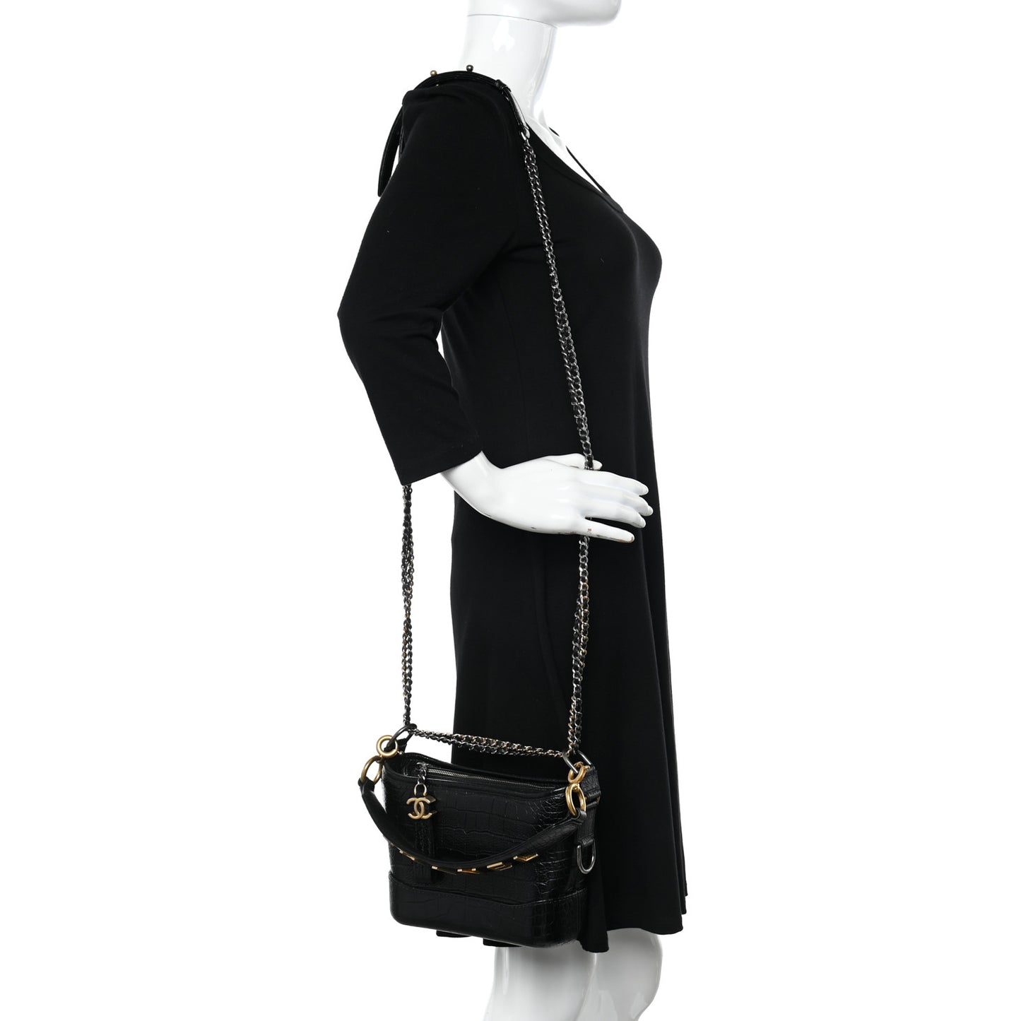 Calfskin Crocodile Embossed Small Gabrielle Cocodile Hobo Black