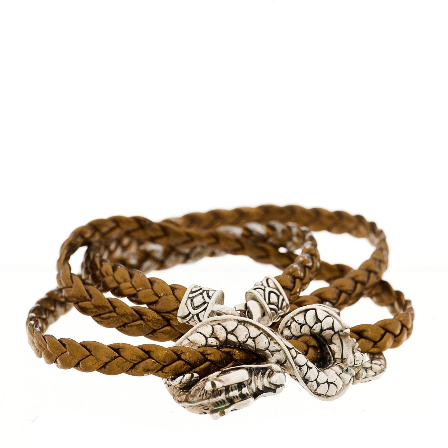 Sterling Silver Leather Naga Dragon Triple Wrap Bracelet Gold