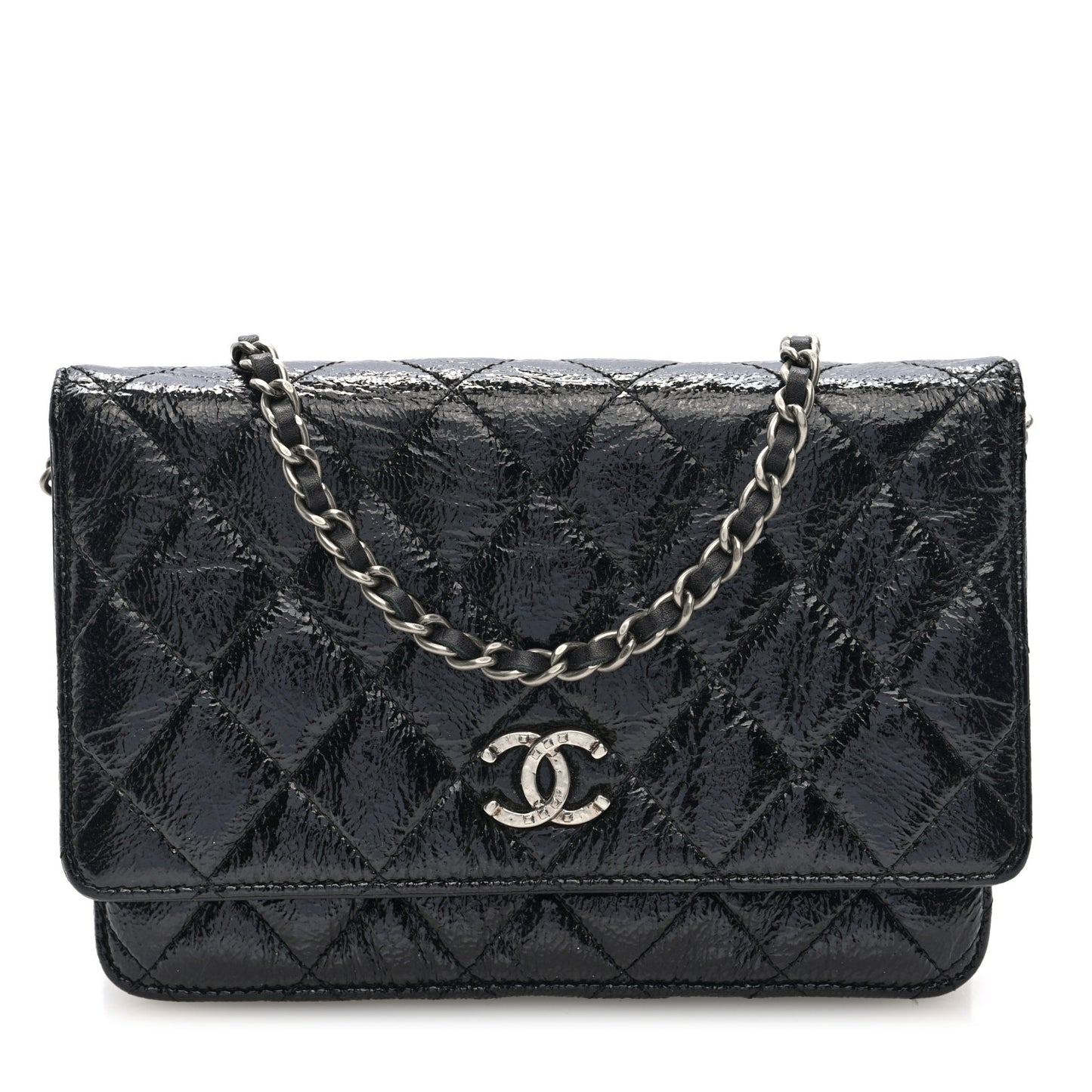 Patent Goatskin Quilted Paris Dallas Wallet On Chain WOC Black