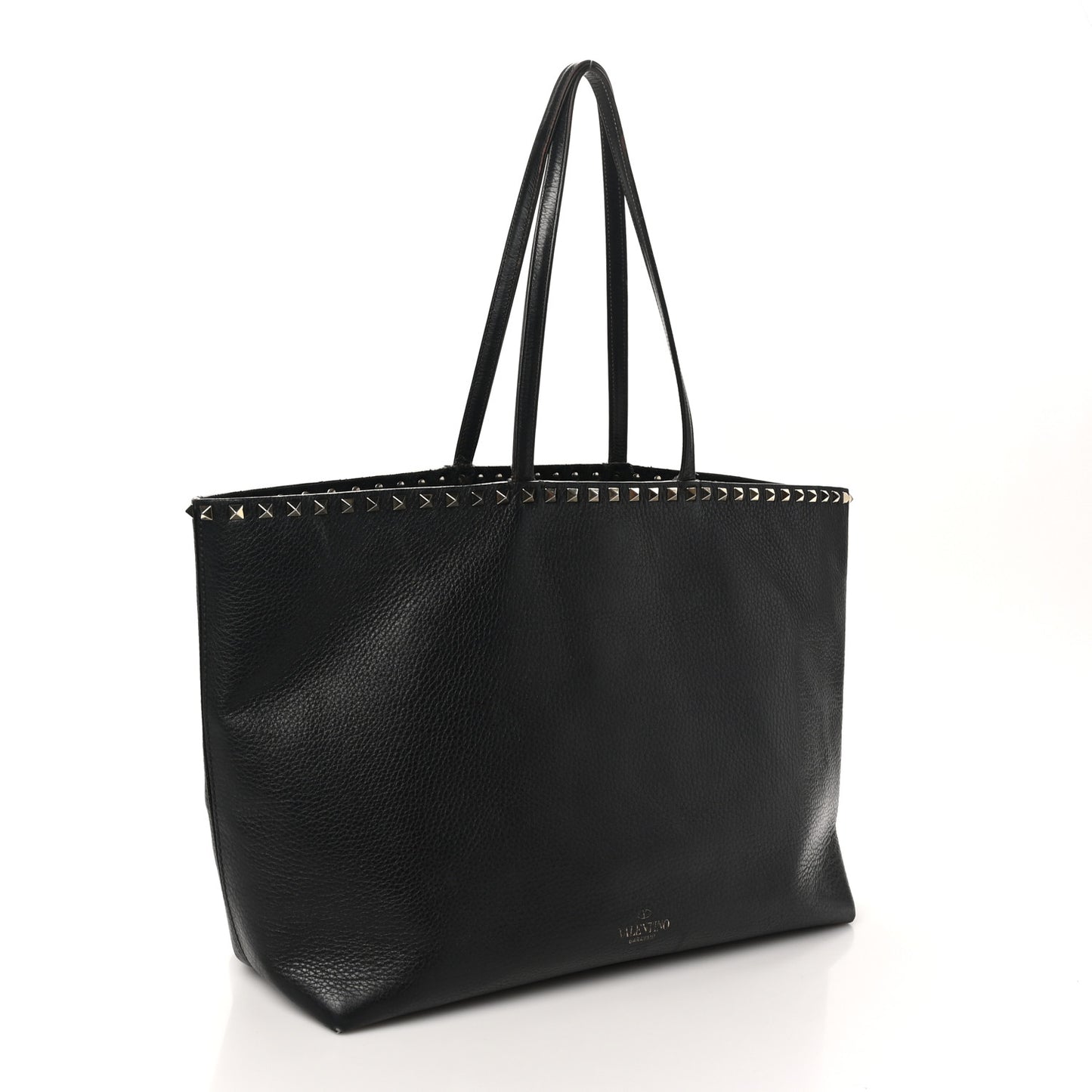 Grained Calfskin Rockstud Shoulder Tote Black