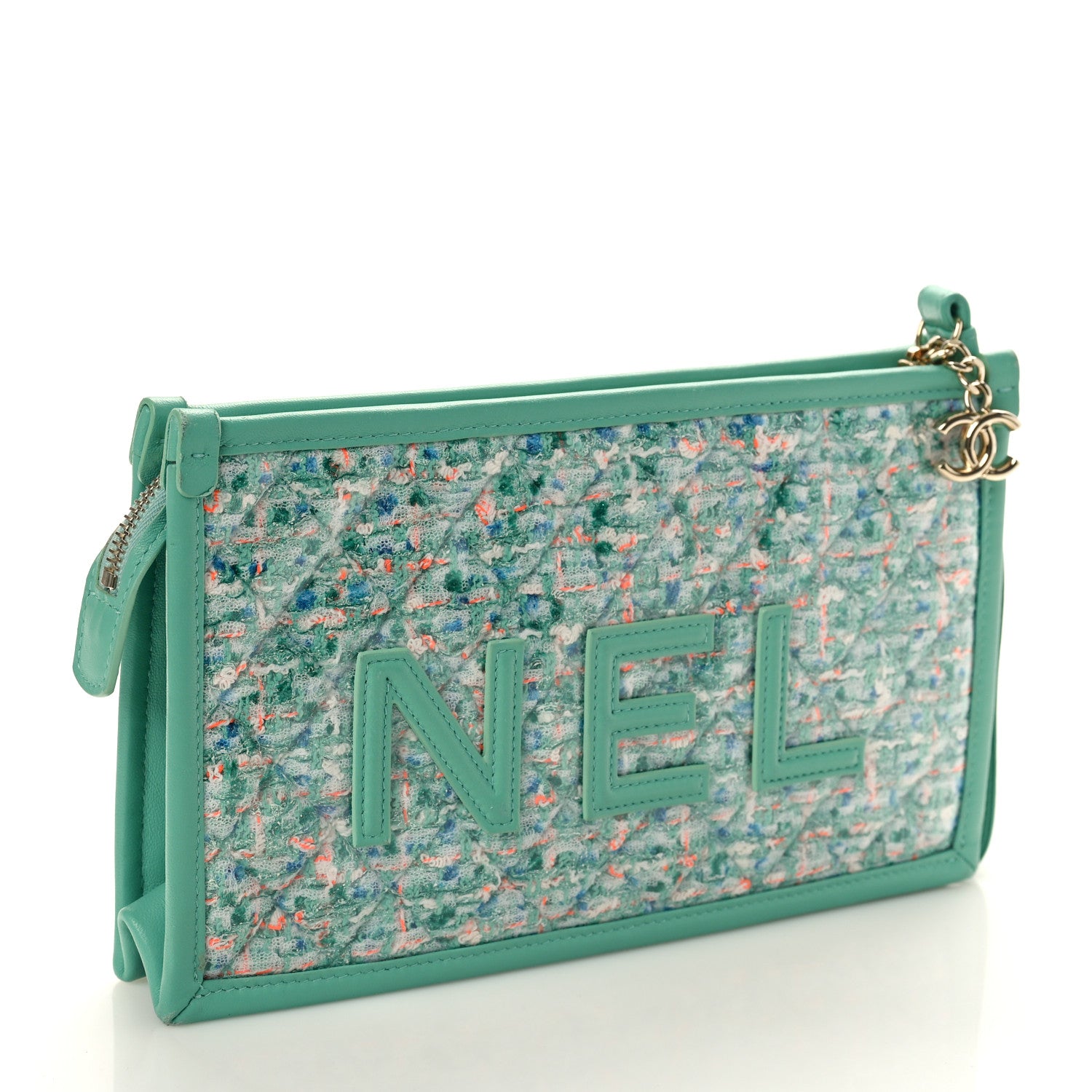 Chanel Tweed Lambskin PVC Quilted Wristlet Pouch Green 3 of 7