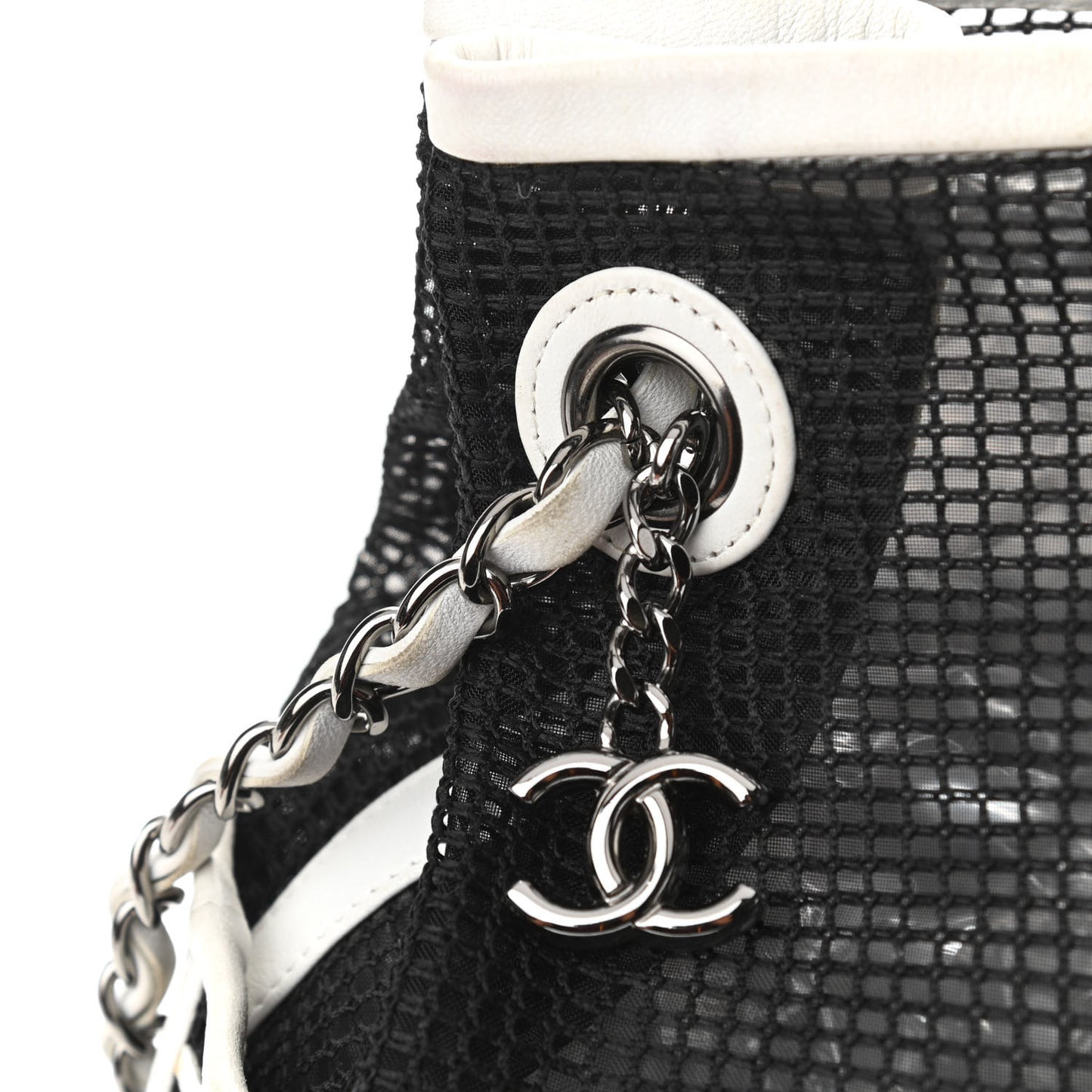Calfskin Mesh Chain Bucket Bag Black White