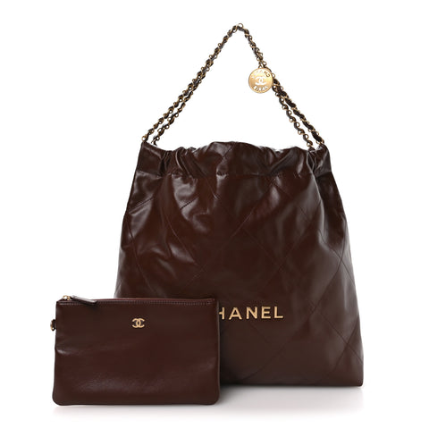 Shiny Calfskin Quilted Chanel 22 Dark Brown