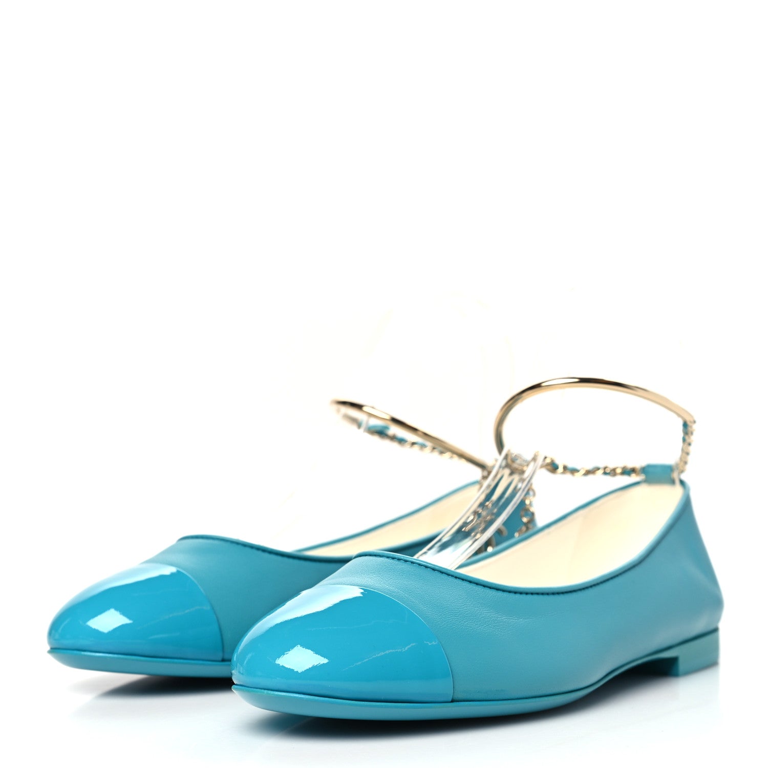 Chanel Lambskin Patent Calfskin Cap Toe Ankle Chain Ballerina Flats 37 Turquoise 3 of 10