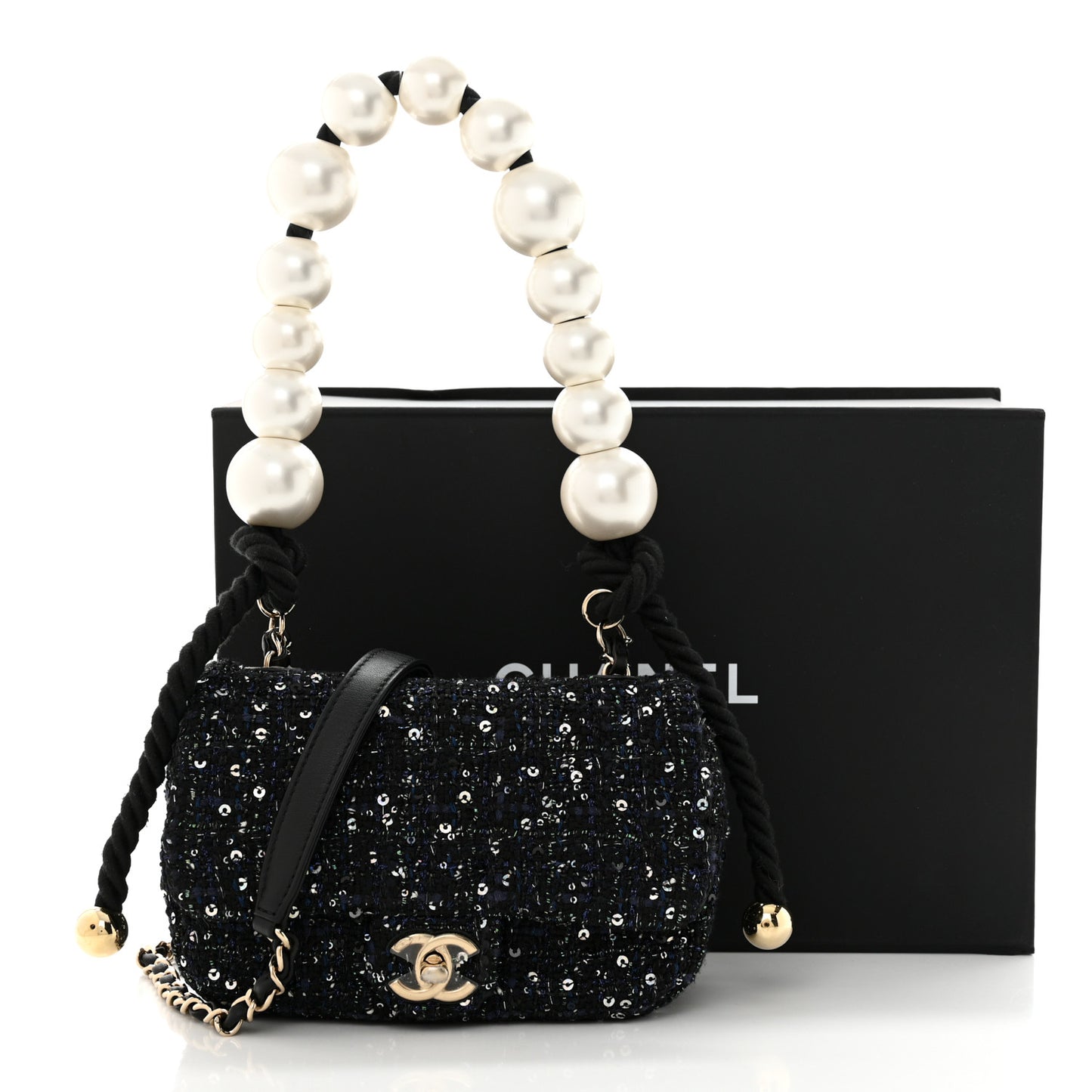 Tweed Mini Pearl Handle Flap Black Ecru