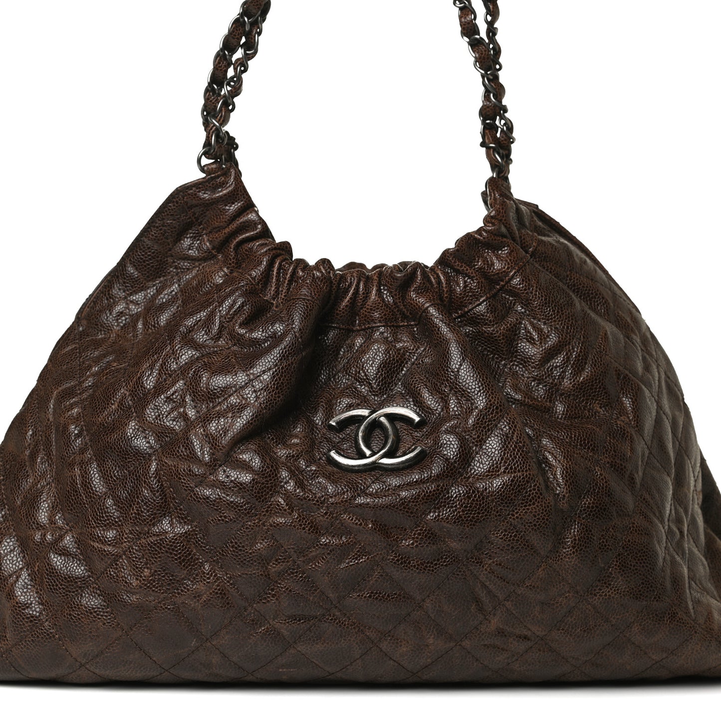 Distressed Glazed Caviar Quilted Medium Elastic Tote Brown