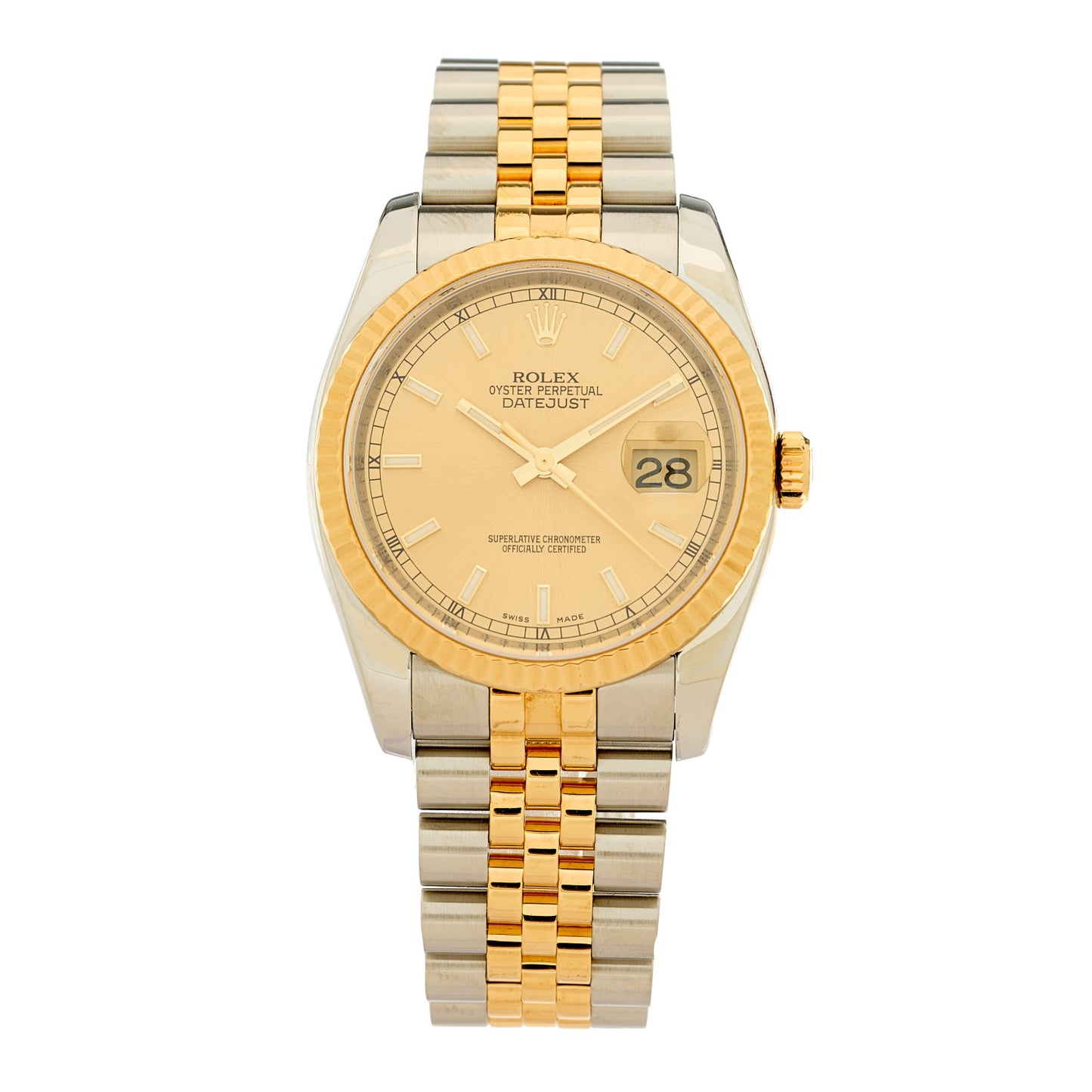 Stainless Steel 18K Yellow Gold 36mm Oyster Perpetual Datejust Watch Champagne 116233