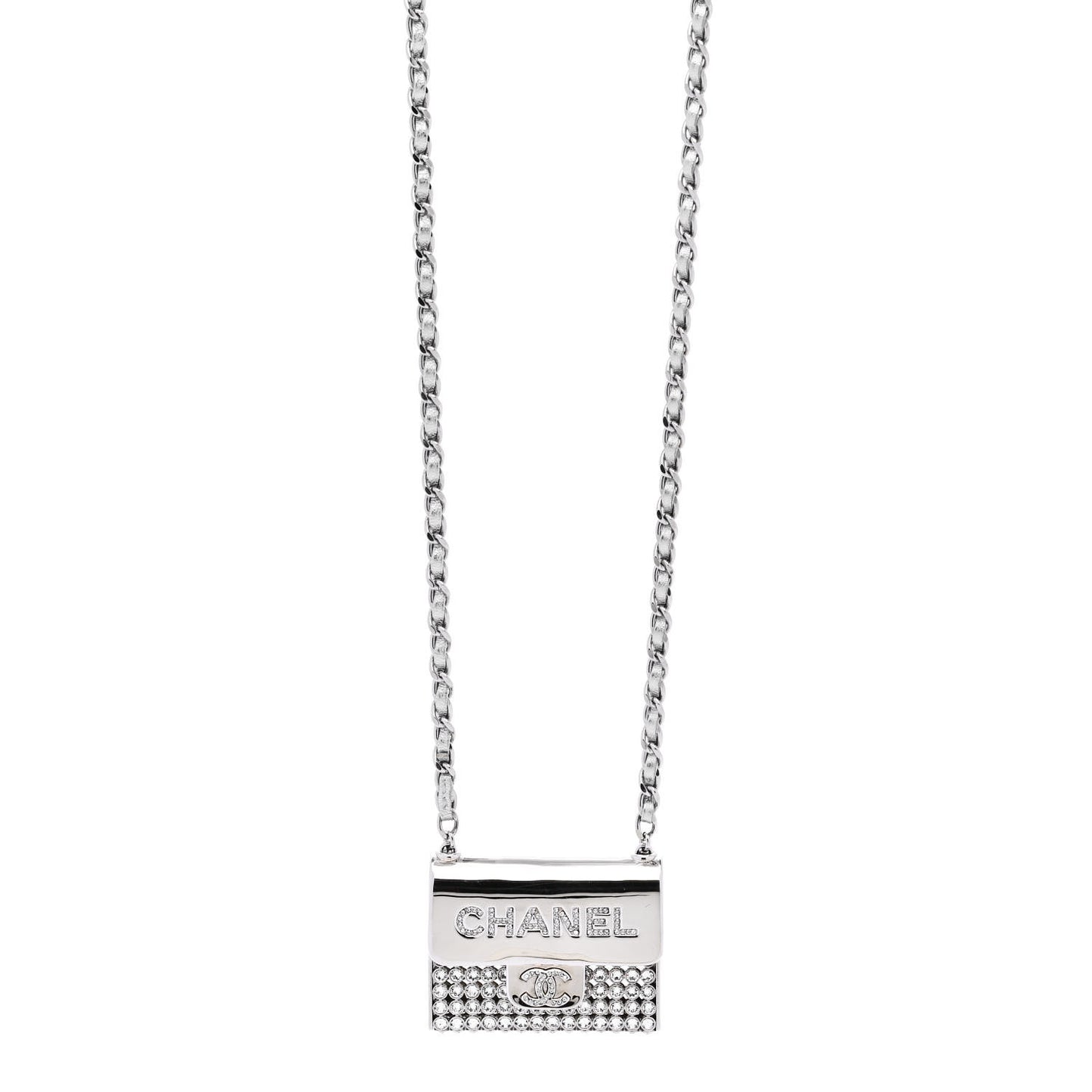 Metal Lambskin Strass Crystal Purse CC Long Necklace Silver