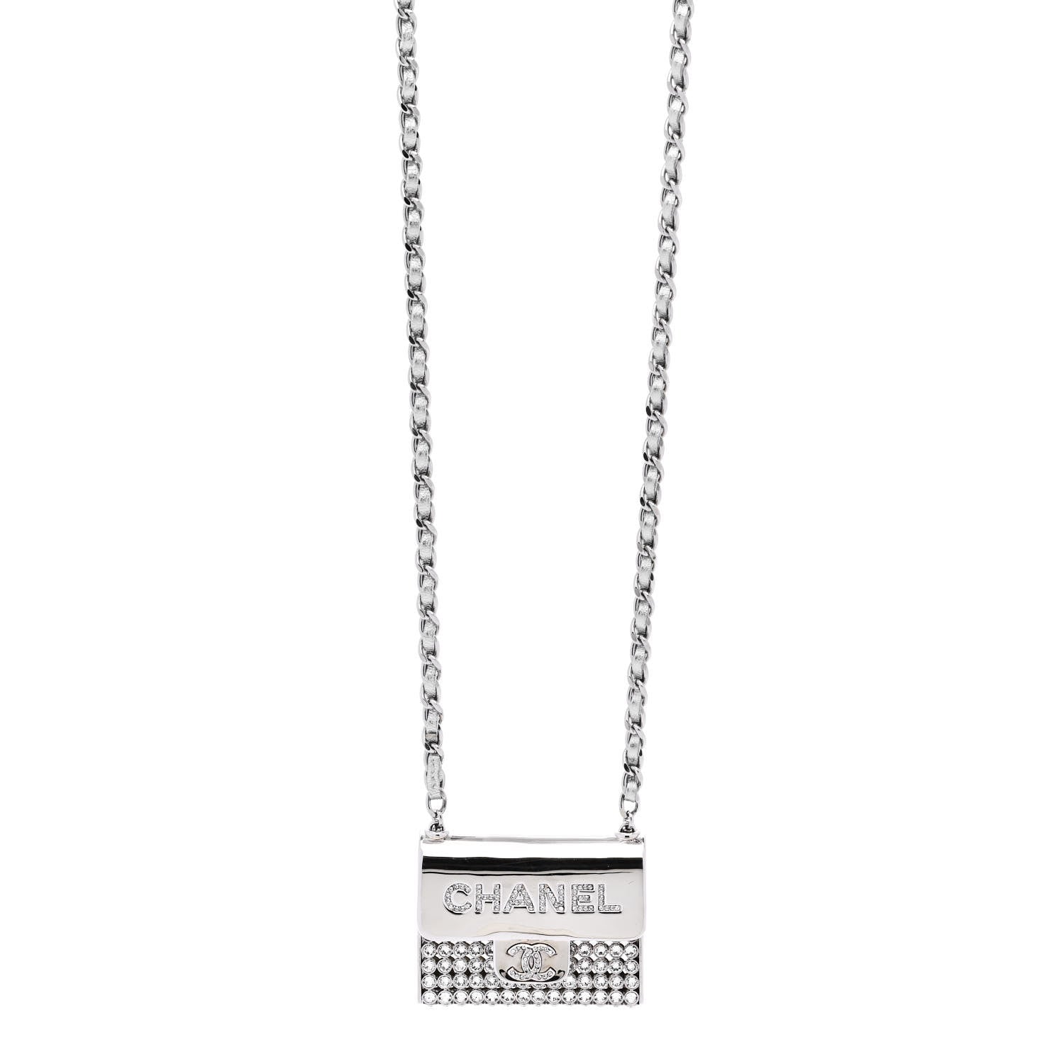 Chanel Metal Lambskin Strass Crystal Purse CC Long Necklace Silver 1 of 6