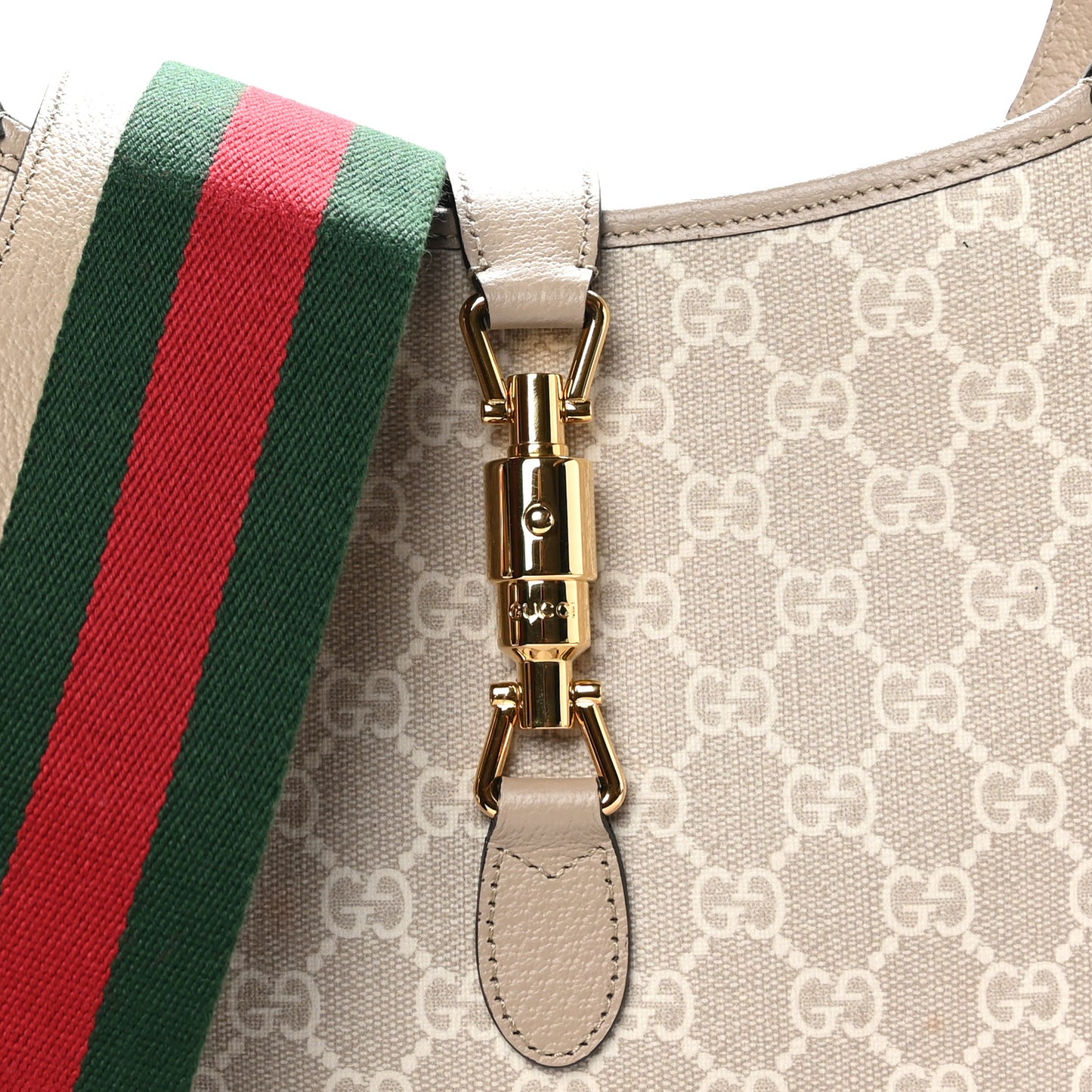 GG Supreme Monogram Textured Dollar Calfskin Web Small Jackie 1961 Hobo Beige Mystic White Oatmeal