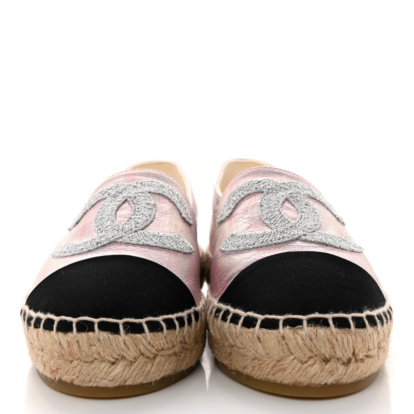 Laminated Lambskin Grosgrain Embroidered CC Espadrilles 36 Pink Silver Black