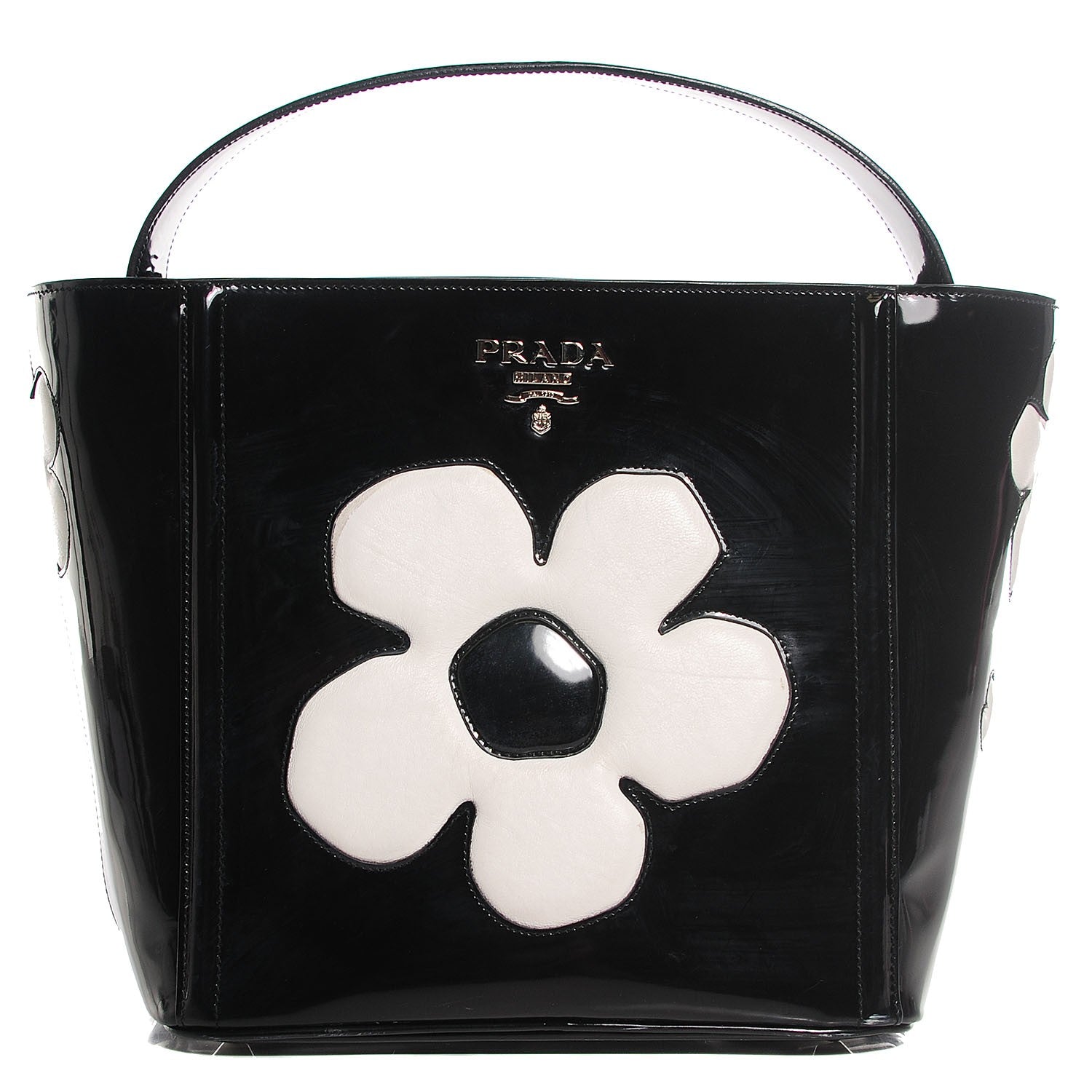 Prada Spazzolato Floral Open Bucket Bag Black White 103839