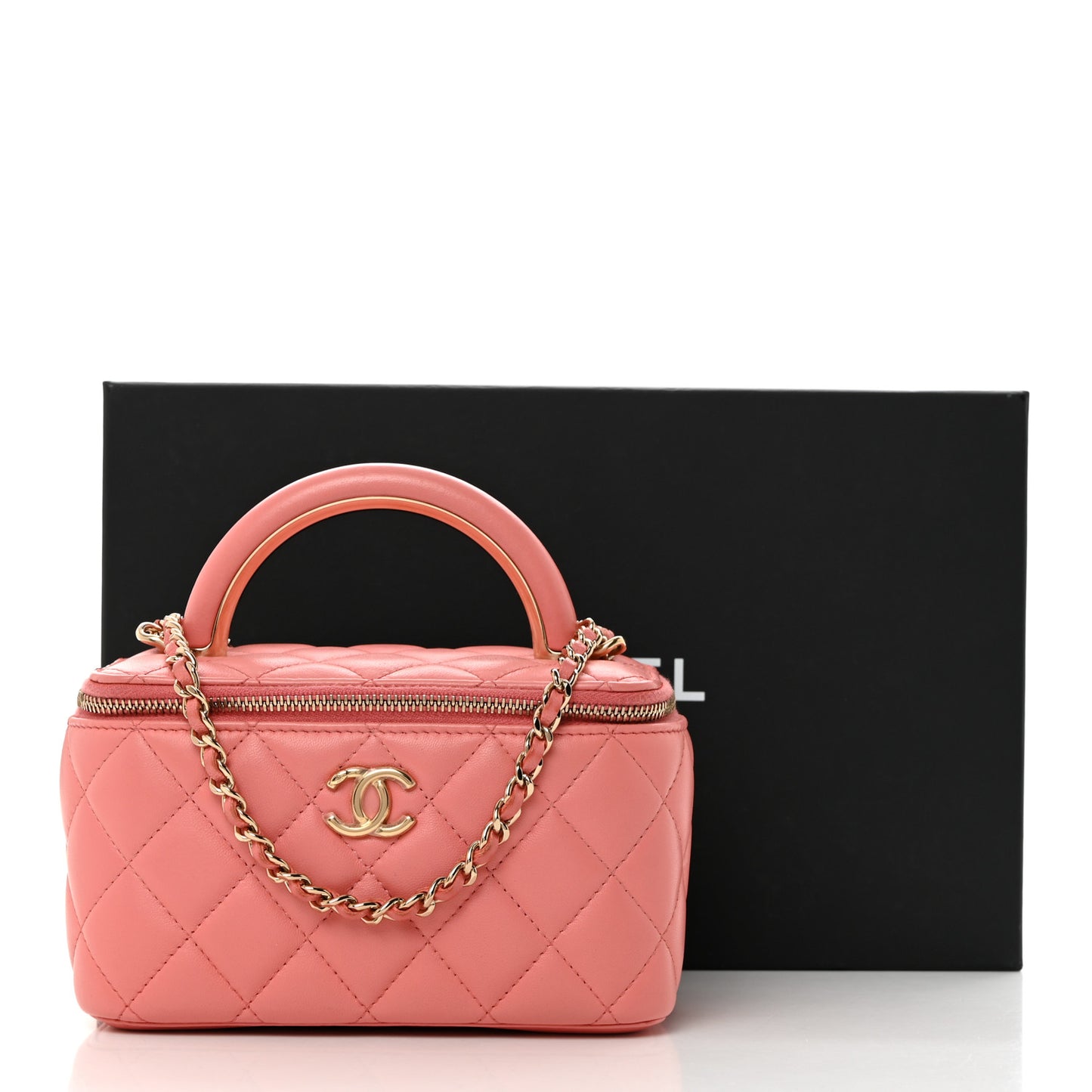 Lambskin Quilted Small Charming Top Handle Vanity Case With Chain Pink