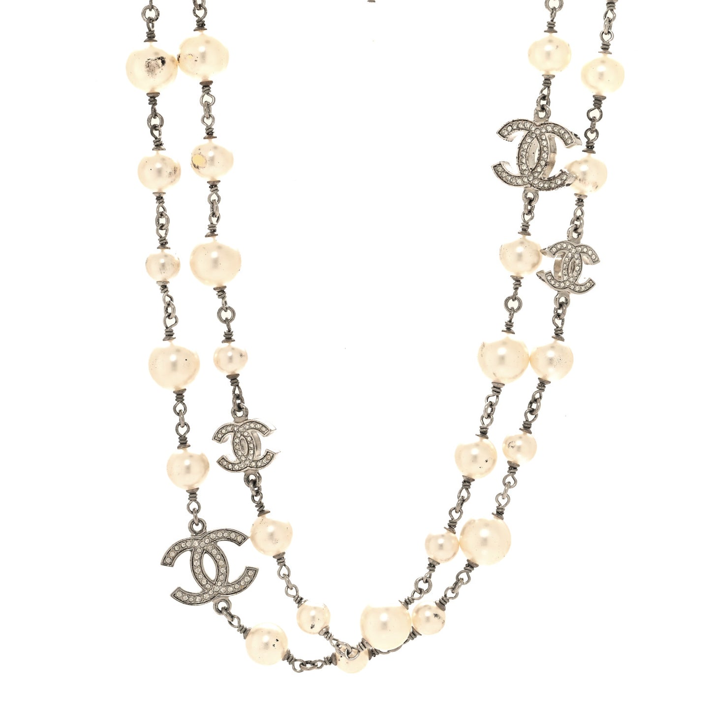 Graduated Pearl Crystal CC Long Necklace Silver
