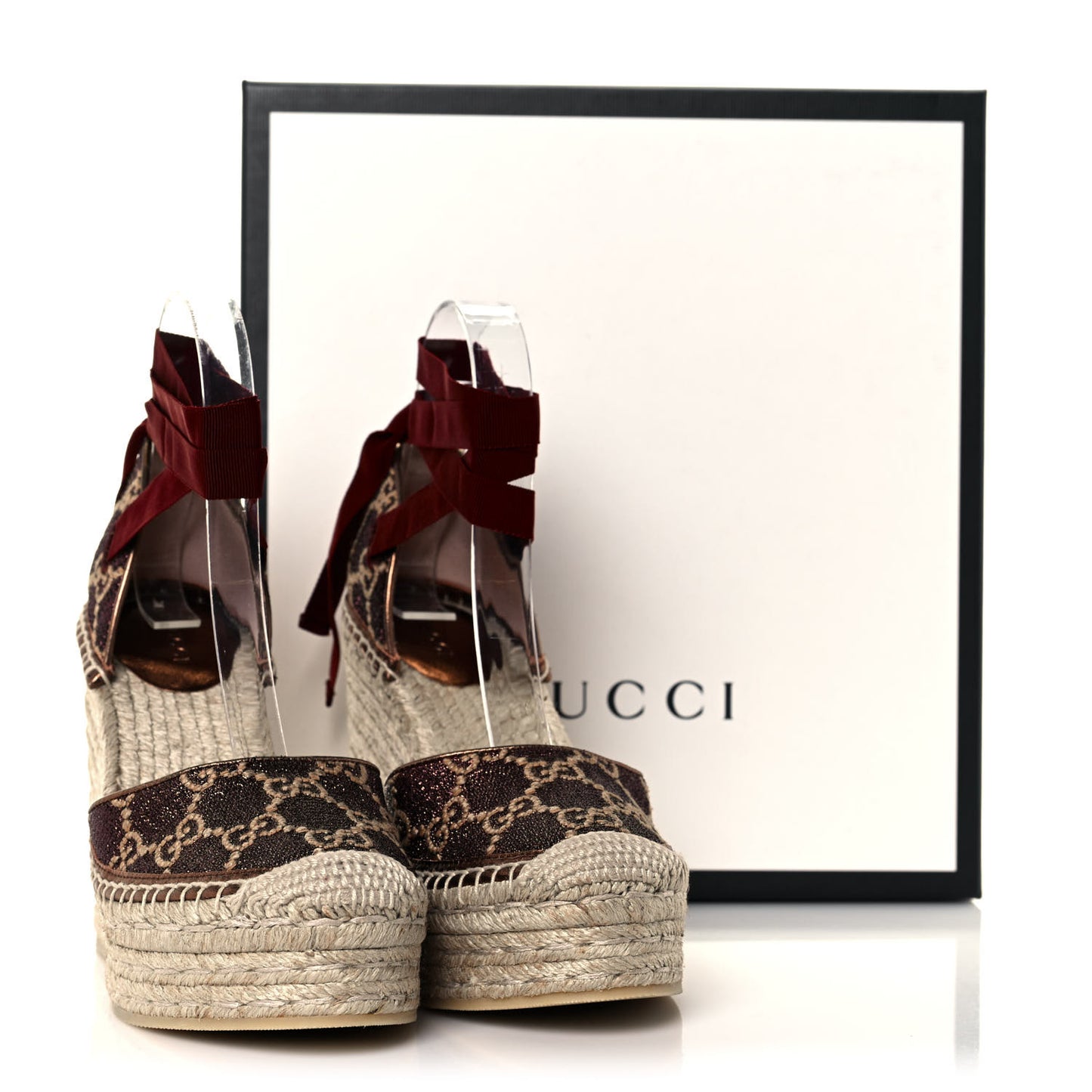 Lame GG Monogram Pilar SIlk Ankle Wrap Platform Espadrille Wedges 38.5 Brown