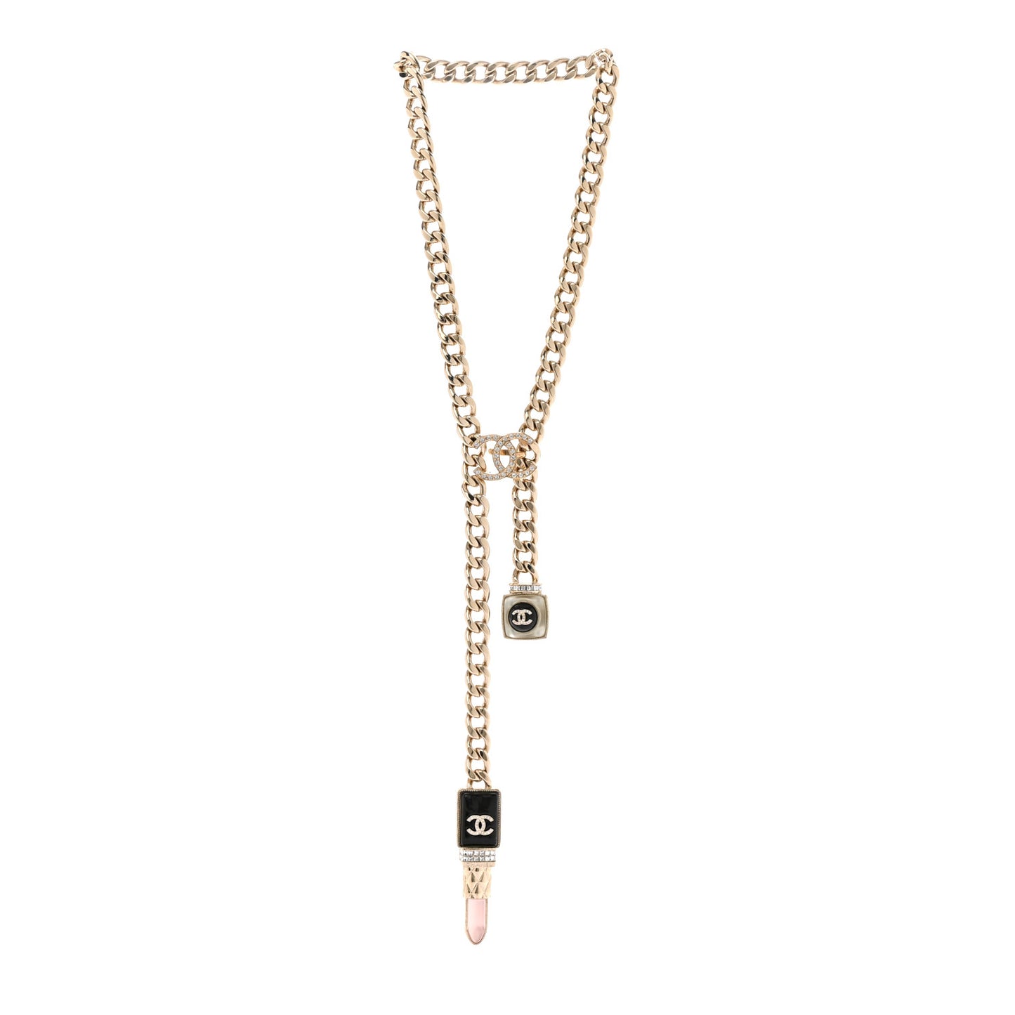 Metal Strass Pearl Lipstick Necklace Pink Gold