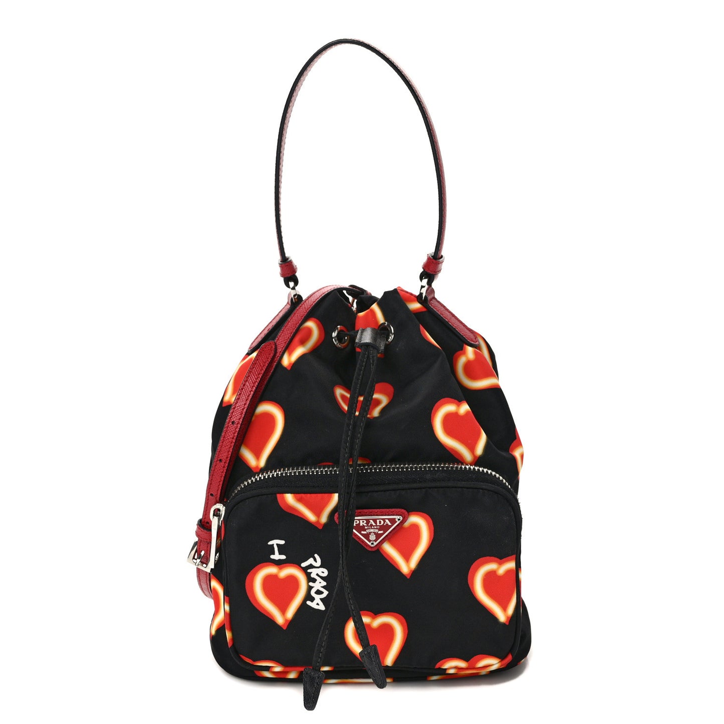 Nylon Saffiano Heart Print Bucket Crossbody Bag Black Fuoco
