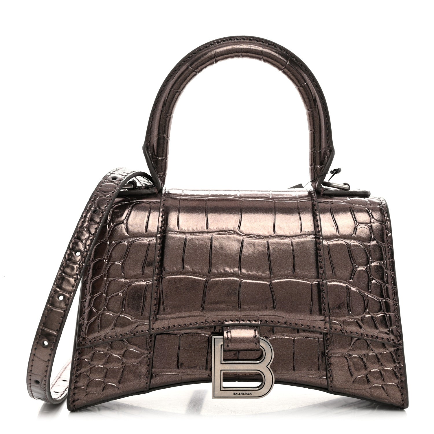 Balenciaga Metallic Shiny Calfskin Crocodile Embossed Hourglass Top Handle Bag XS Dark Bronze 1 of 11