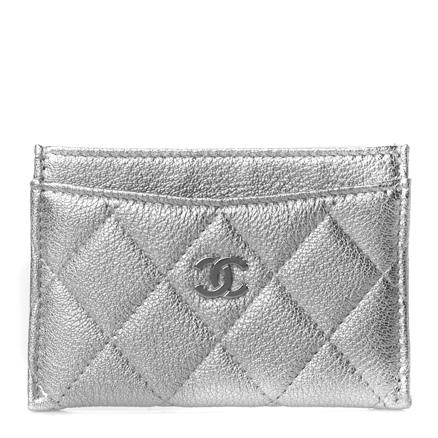 Chanel Metallic Goatskin Quilted CC Card Holder Silver 1 of 9