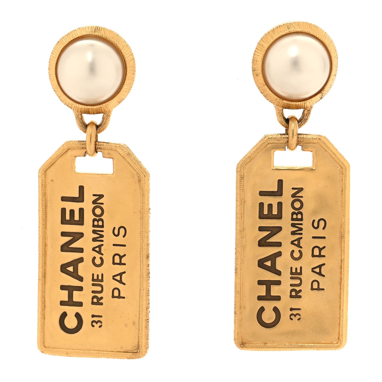 Pearl CC Tags Drop Earrings Gold