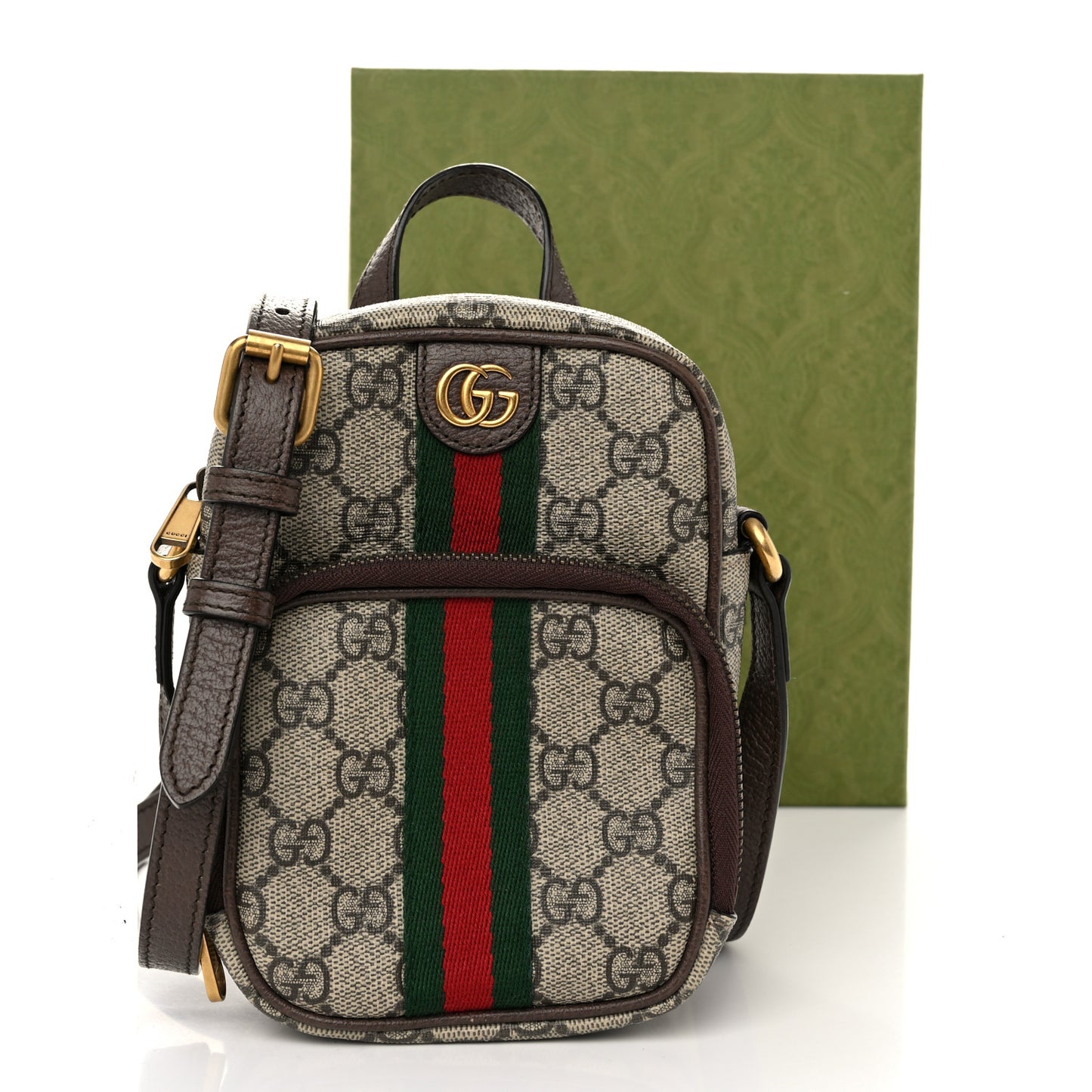 GG Supreme Monogram Web Mini Ophidia Double Zip Messenger Bag Beige New Acero