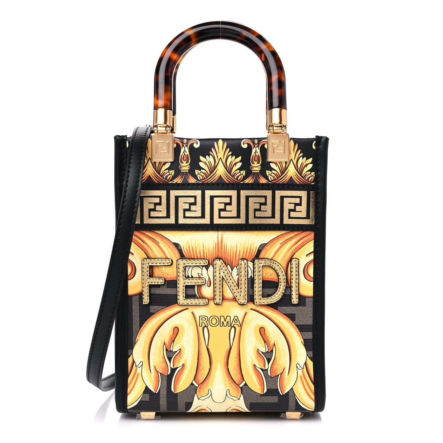 X VERSACE Vitello King Catalan Mirror Plexiglass Fendace FF Baroque Logo Mini Fendi Sunshine Shopper Tote Black Gold
