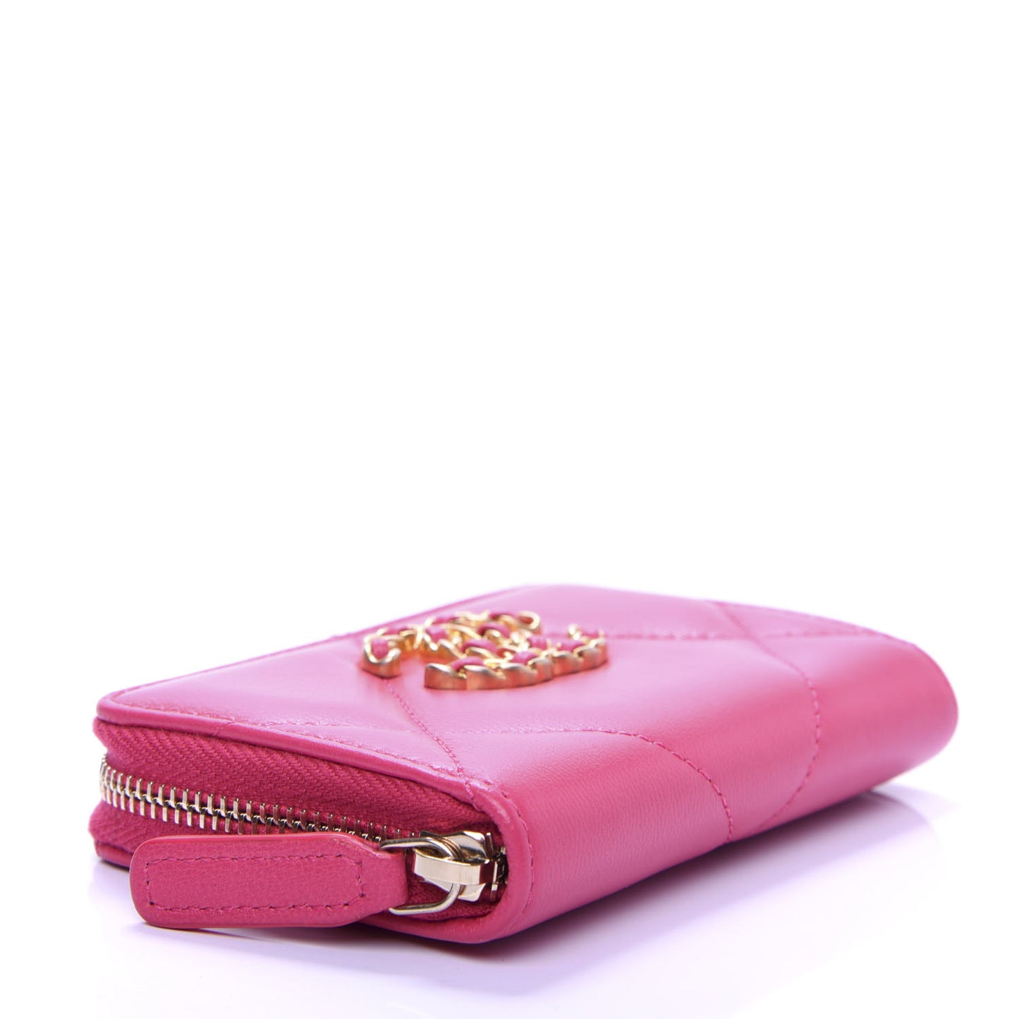 Shiny Goatskin Quilted 19 Zip Around Coin Purse Wallet Dark Pink