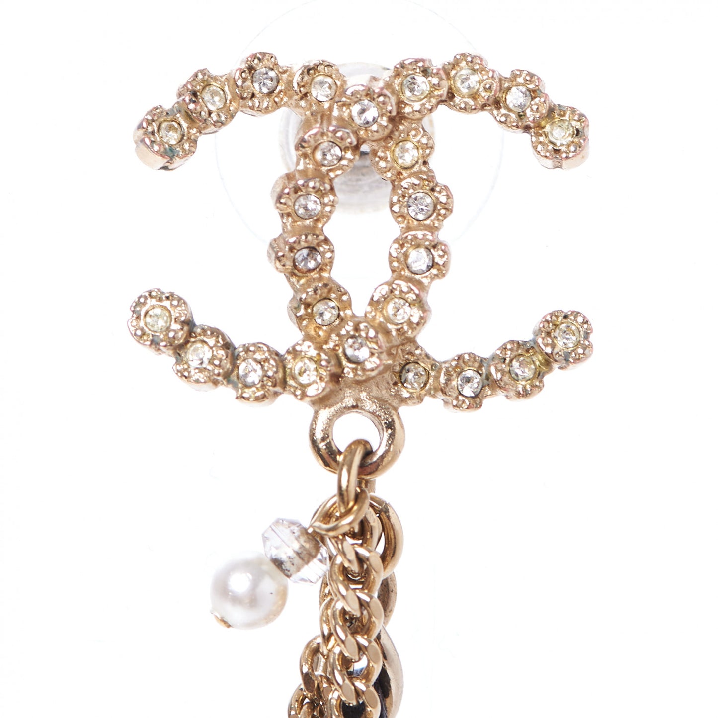Pearl Crystal Lambskin Chain CC Dangle Earrings Gold
