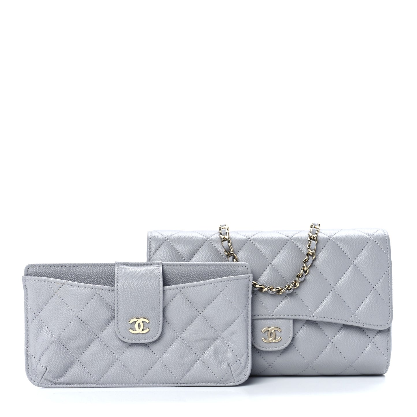 Caviar Quilted Phone Holder Wallet on Removable Chain Grey