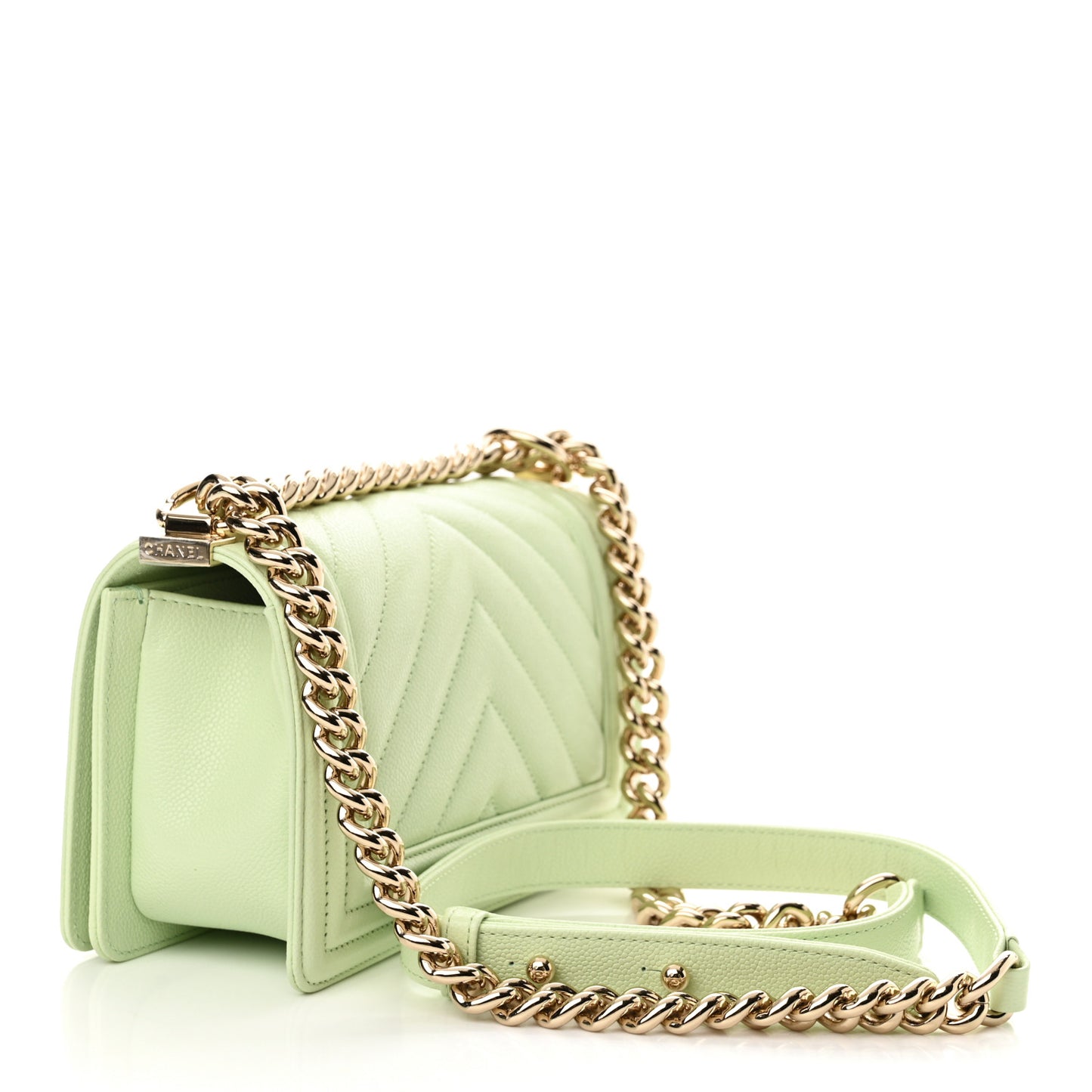 Caviar Chevron Quilted Small Boy Flap Light Green