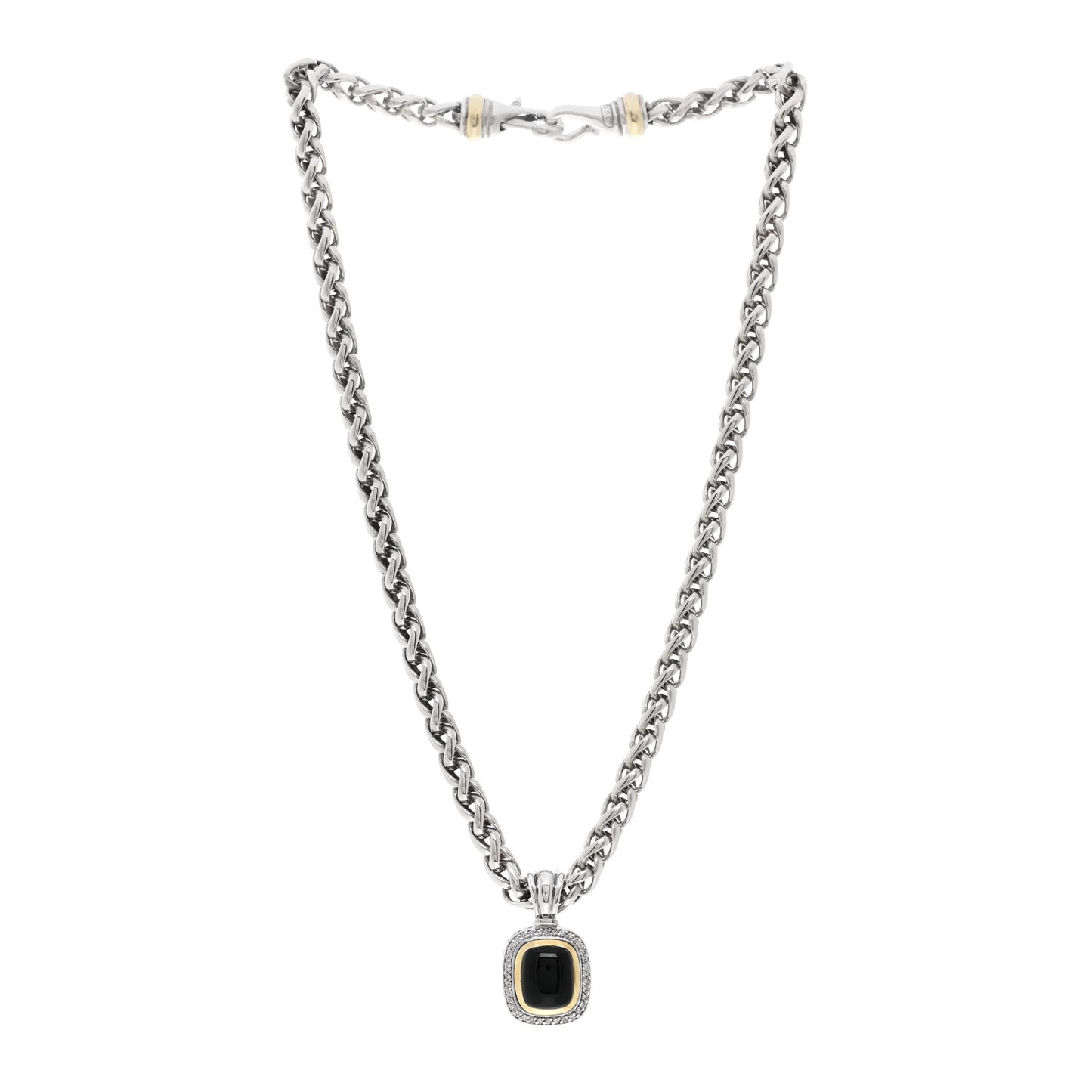 Sterling Silver 18K Yellow Gold Diamond Black Onyx 12mm Albion Enhancer Pendant Wheat Chain Necklace
